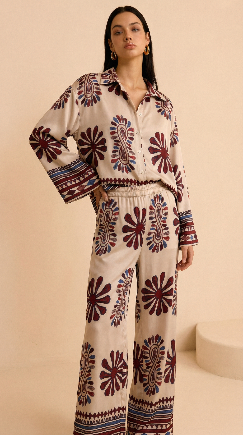 Desenli Volan Kollu Pantolon Takım - Kırmızı