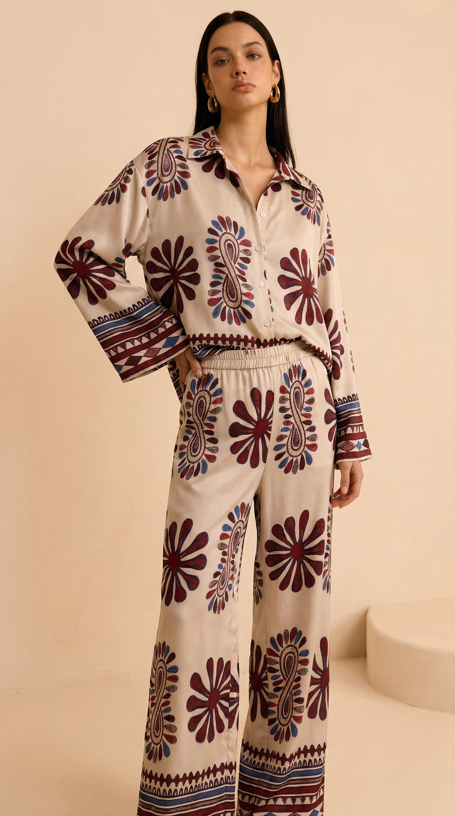 Desenli Volan Kollu Pantolon Takım - Kırmızı