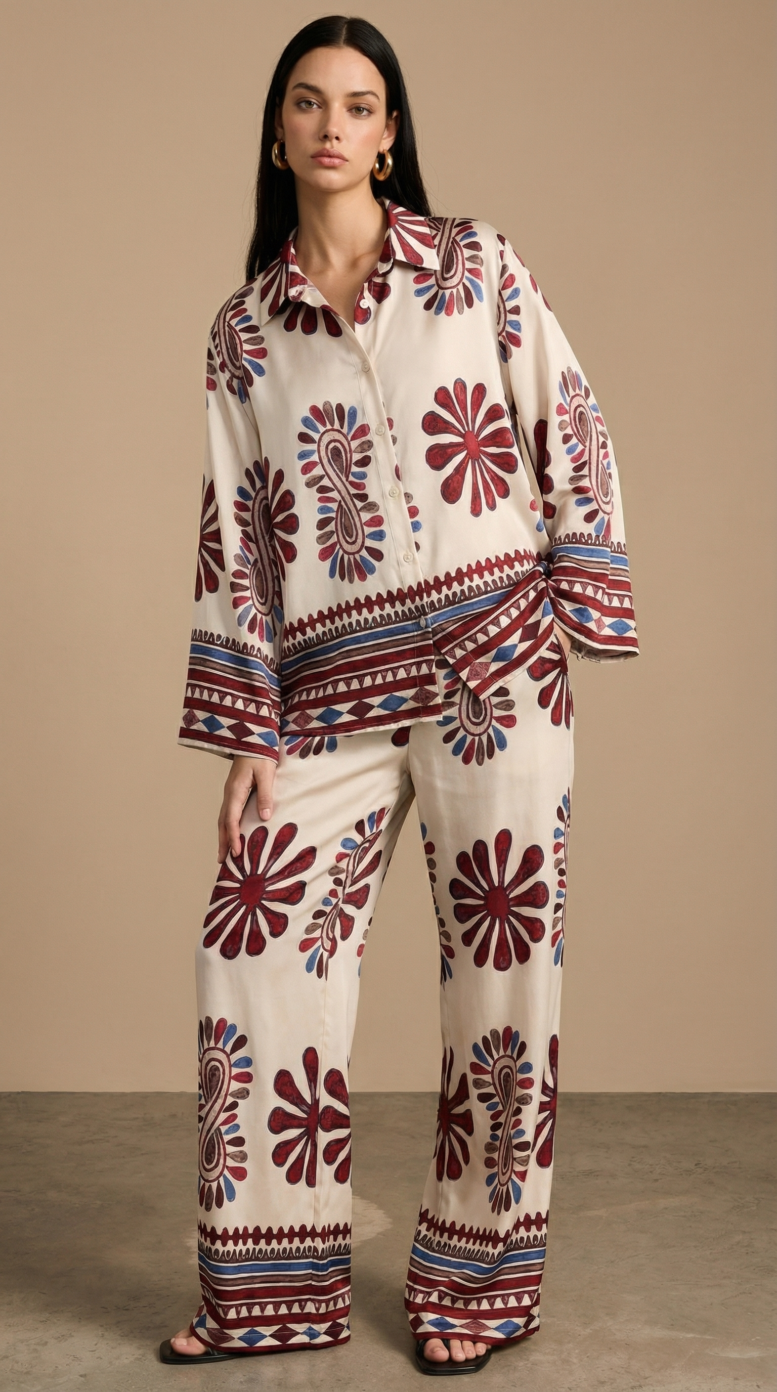 Desenli Volan Kollu Pantolon Takım - Kırmızı