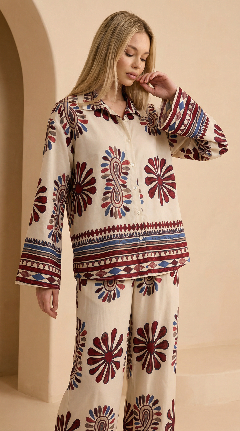 Desenli Volan Kollu Pantolon Takım - Kırmızı