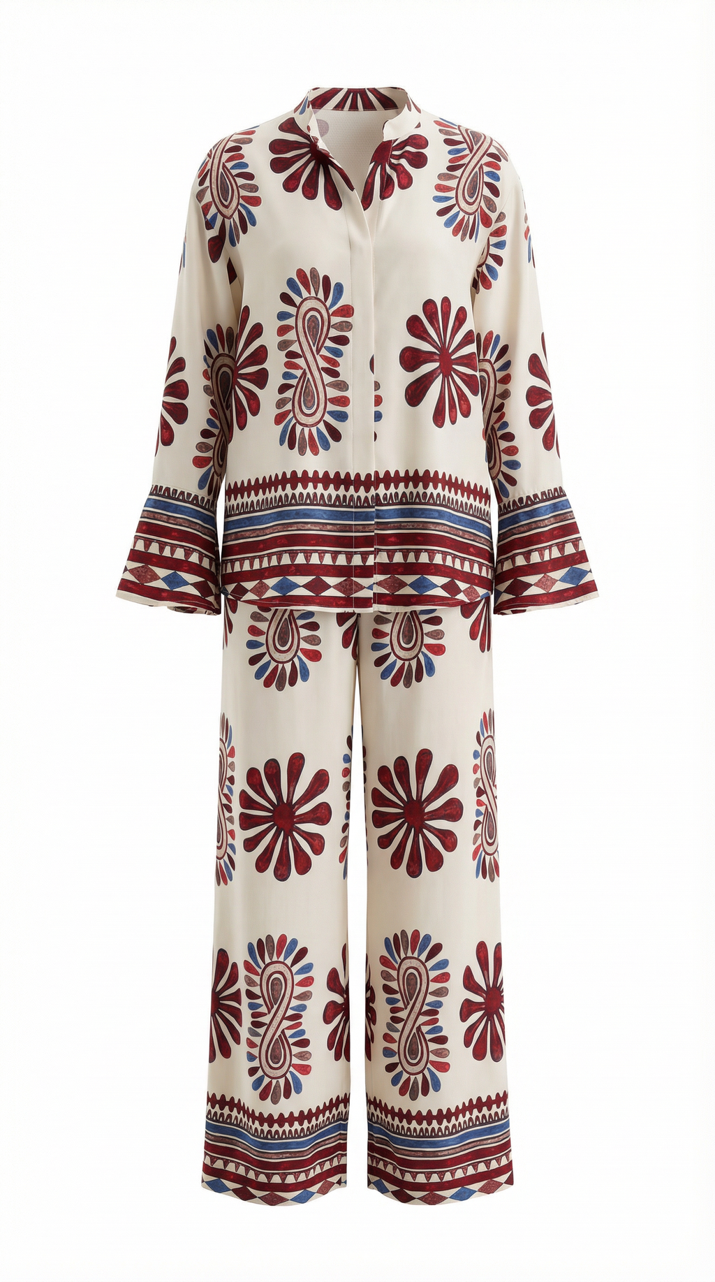 Desenli Volan Kollu Pantolon Takım - Kırmızı