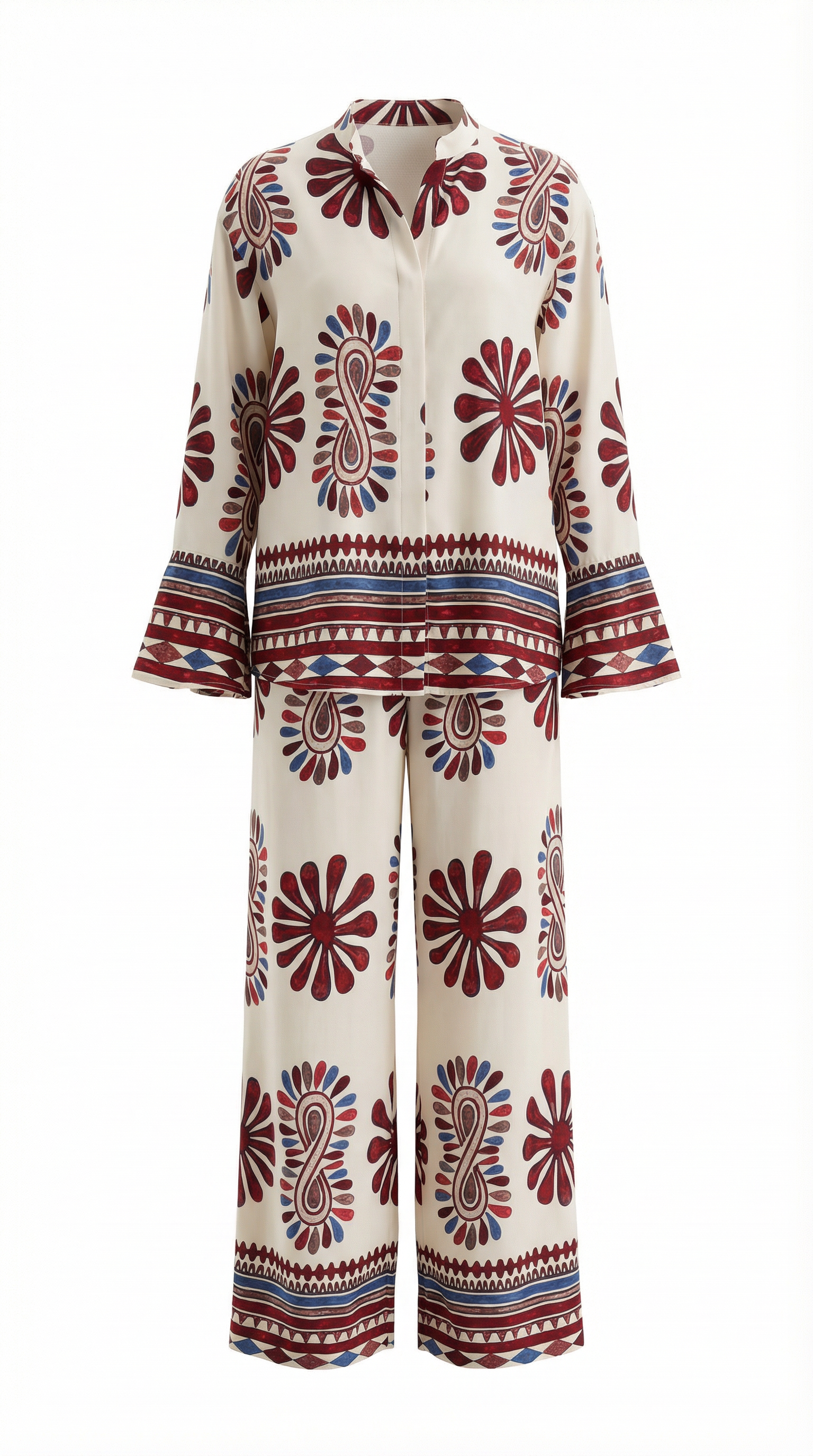 Desenli Volan Kollu Pantolon Takım - Kırmızı