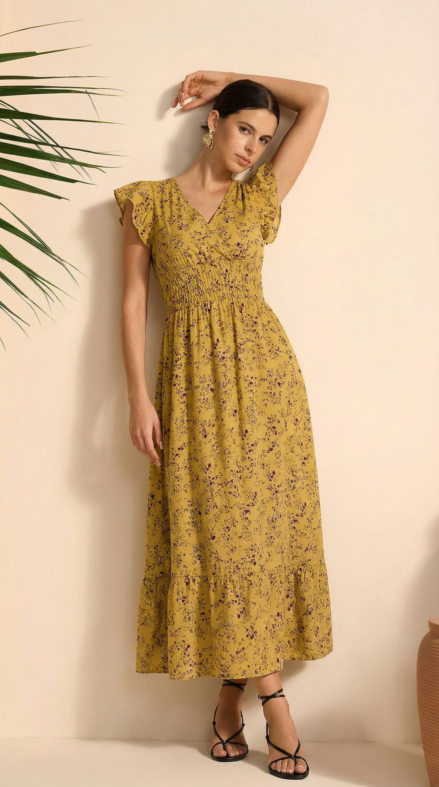 Kruvaze Yaka Bel Lastikli Çiçekli Elbise