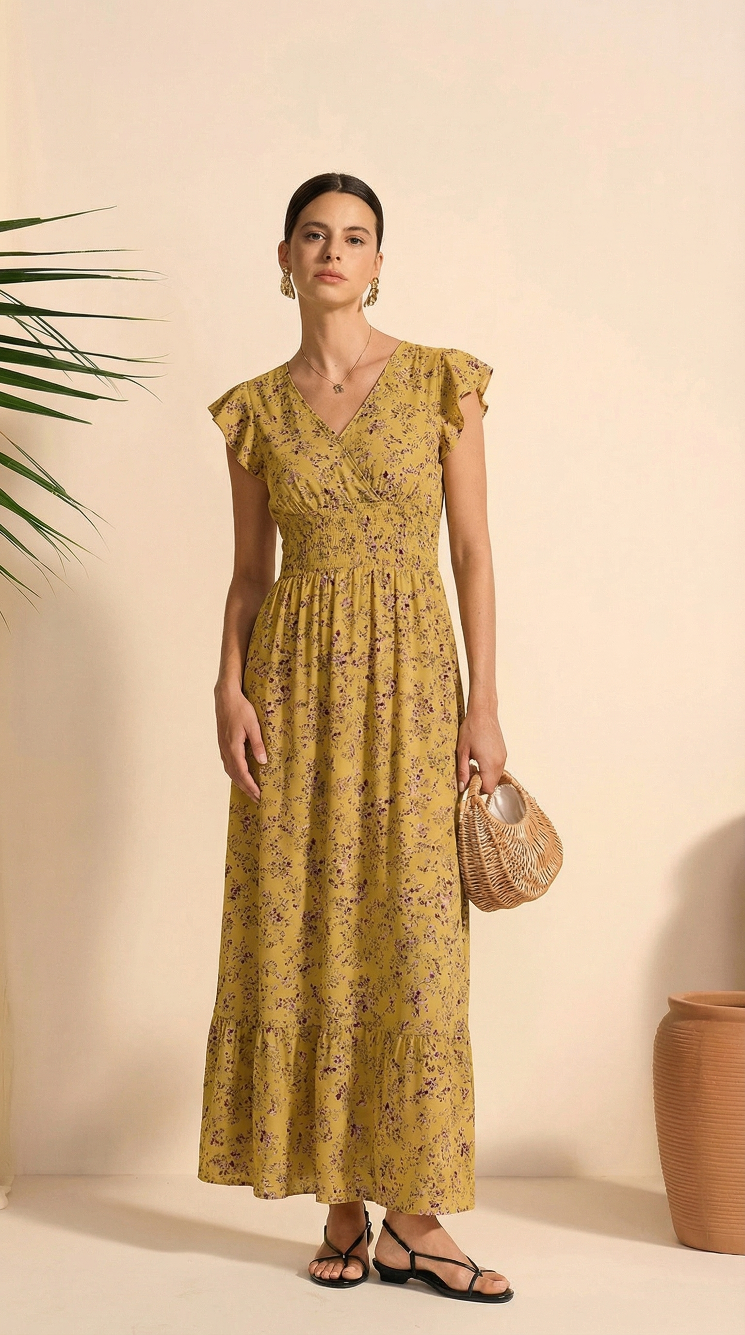 Kruvaze Yaka Bel Lastikli Çiçekli Elbise