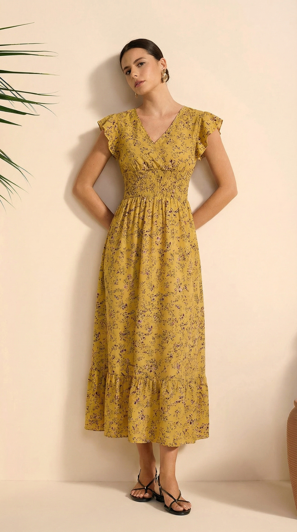 Kruvaze Yaka Bel Lastikli Çiçekli Elbise