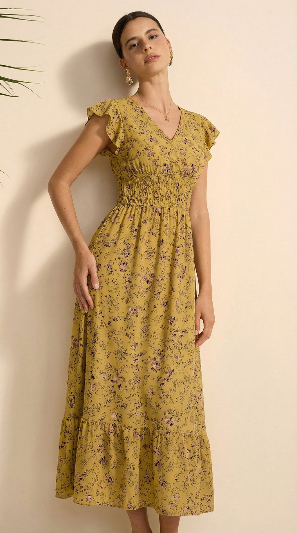 Kruvaze Yaka Bel Lastikli Çiçekli Elbise