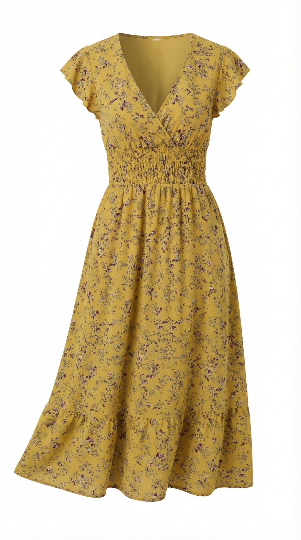 Kruvaze Yaka Bel Lastikli Çiçekli Elbise