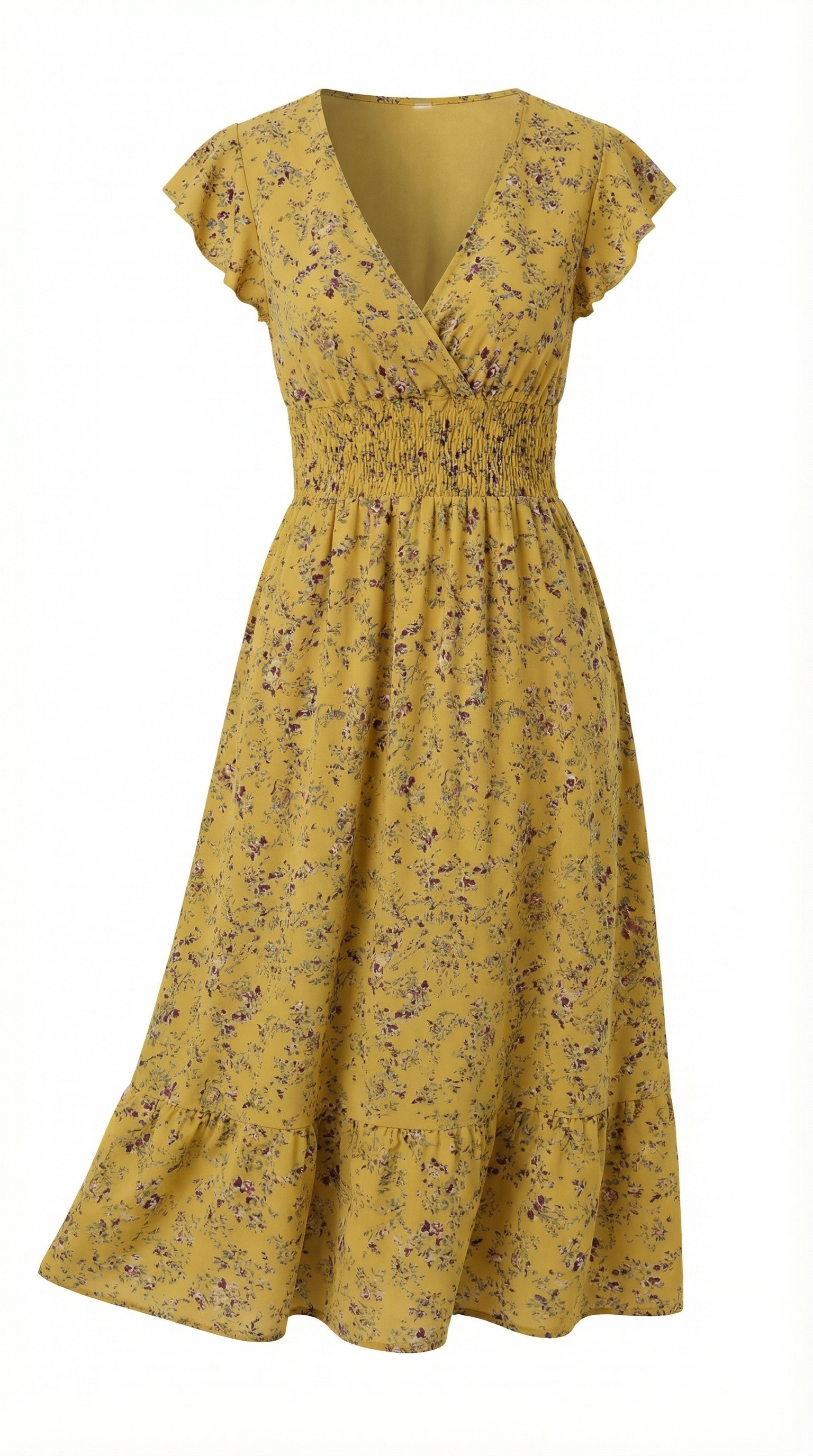 Kruvaze Yaka Bel Lastikli Çiçekli Elbise