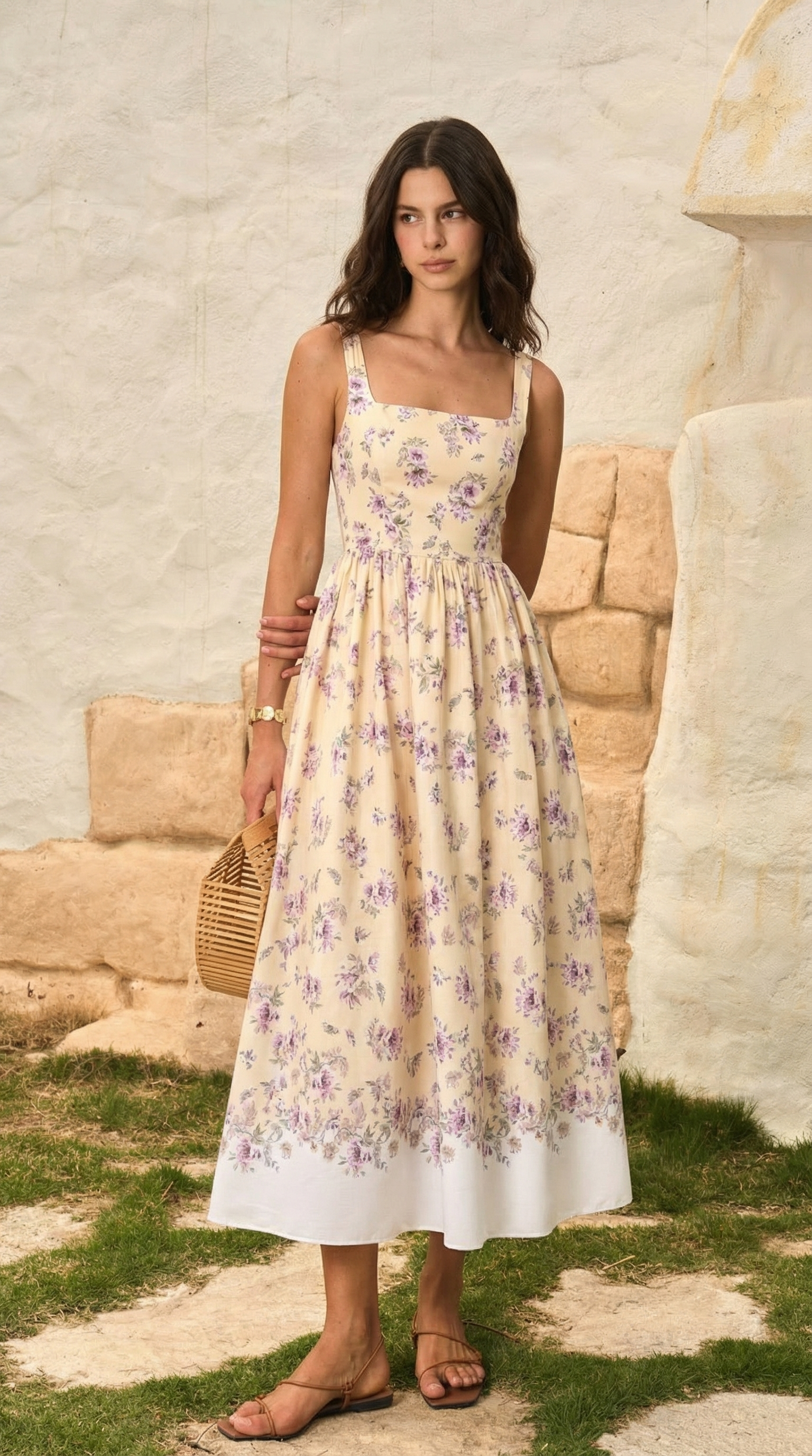 Çiçek Desenli Kare Yaka Midi Elbise