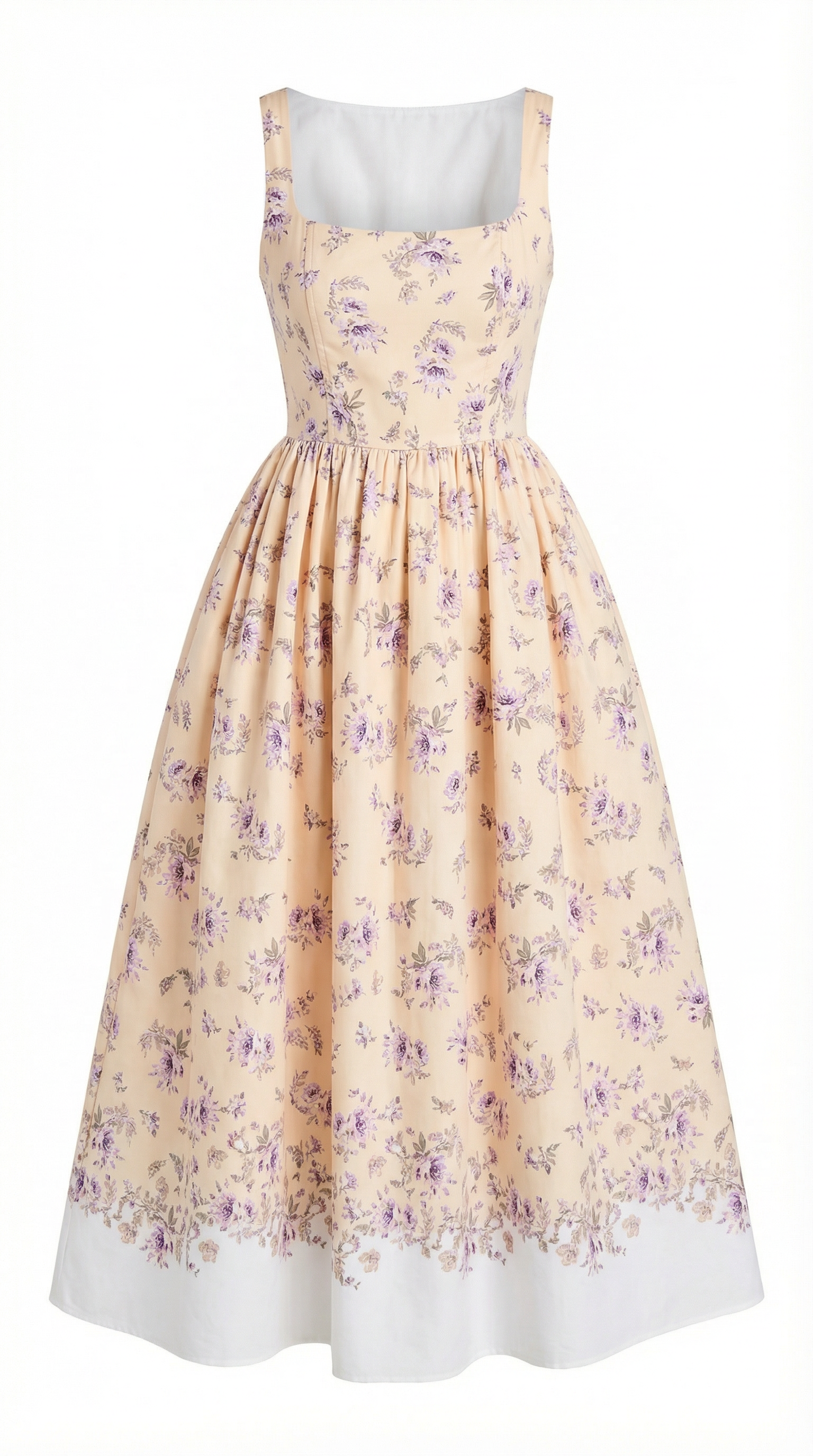 Çiçek Desenli Kare Yaka Midi Elbise