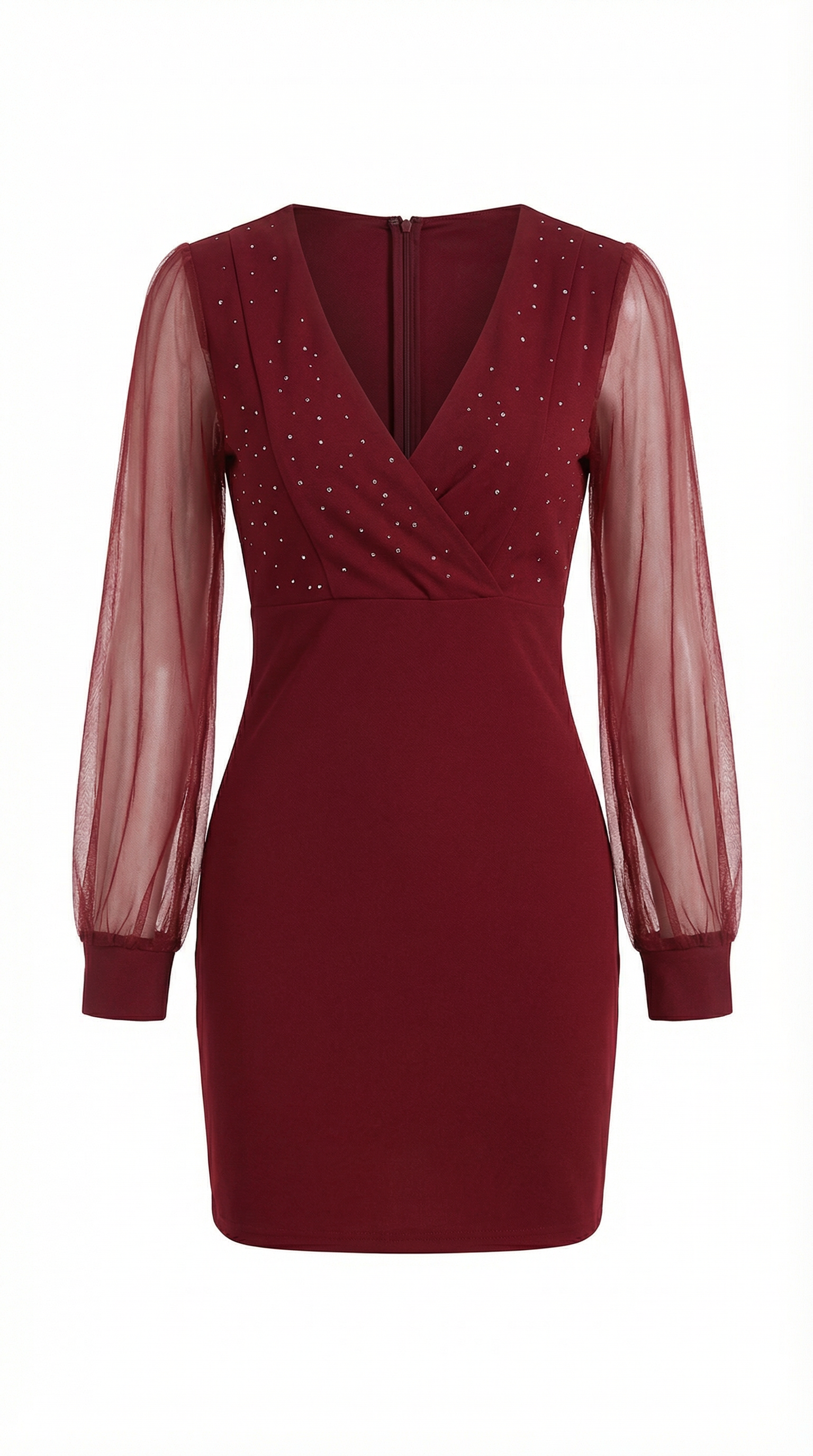 Taş İşlemeli Kruvaze Bordo Mini Elbise