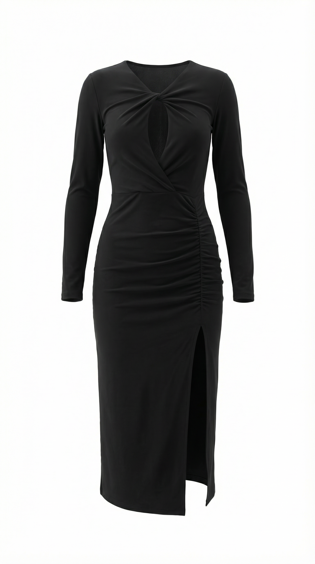 Büzgü Detaylı Siyah Uzun Elbise