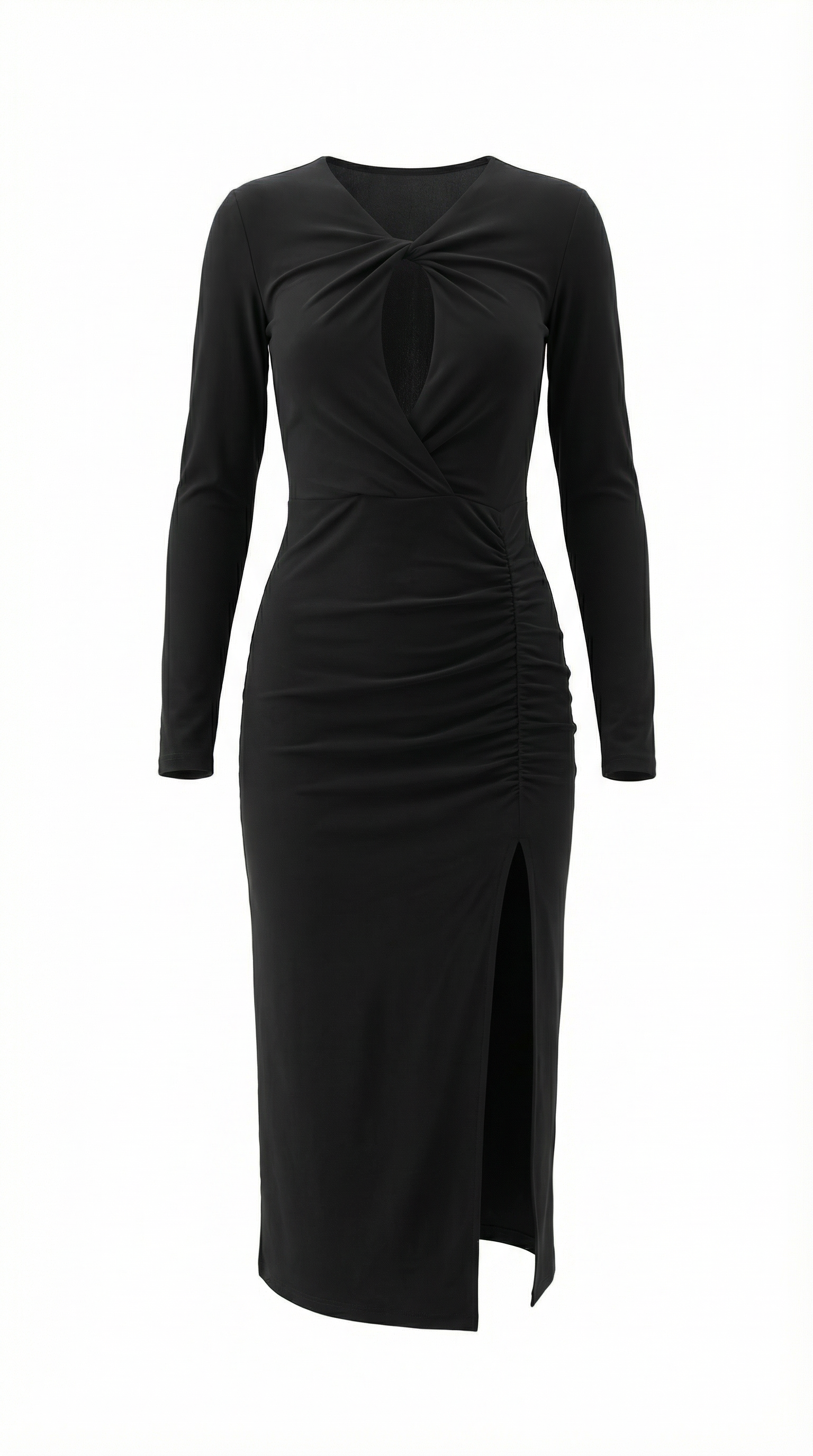 Büzgü Detaylı Siyah Uzun Elbise