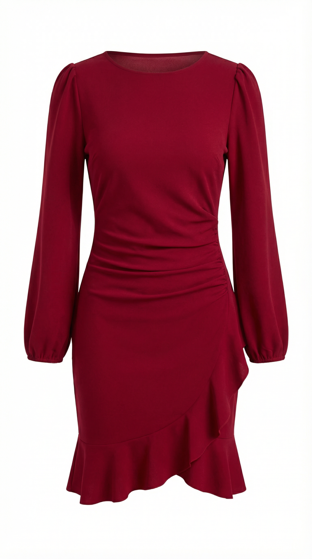 Bordo Volan Detaylı Uzun Kollu Mini Elbise