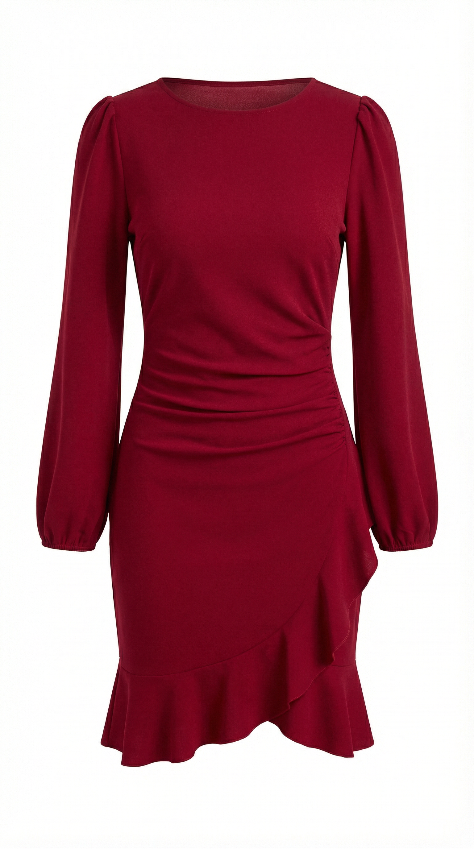 Bordo Volan Detaylı Uzun Kollu Mini Elbise