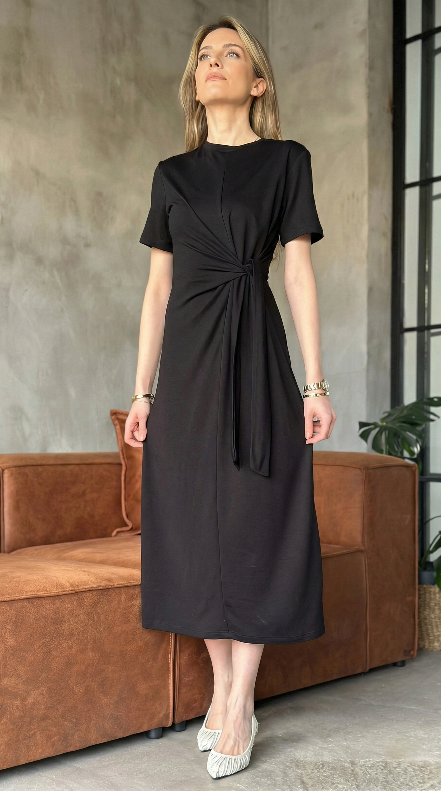 Siyah Yandan Bağlamalı Modal Midi Elbise