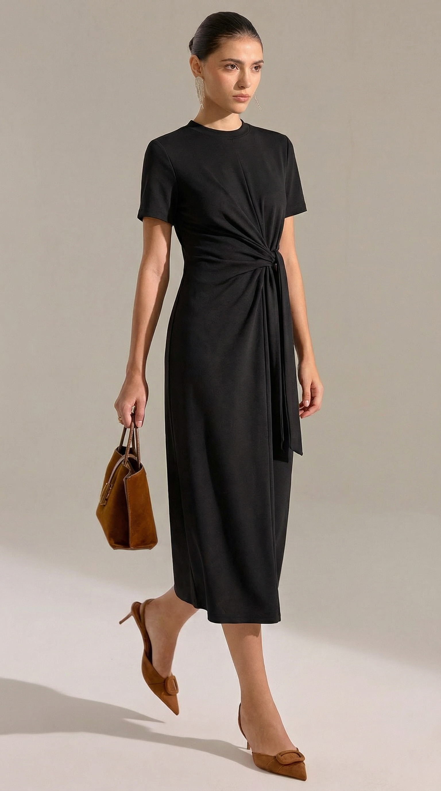 Siyah Yandan Bağlamalı Modal Midi Elbise