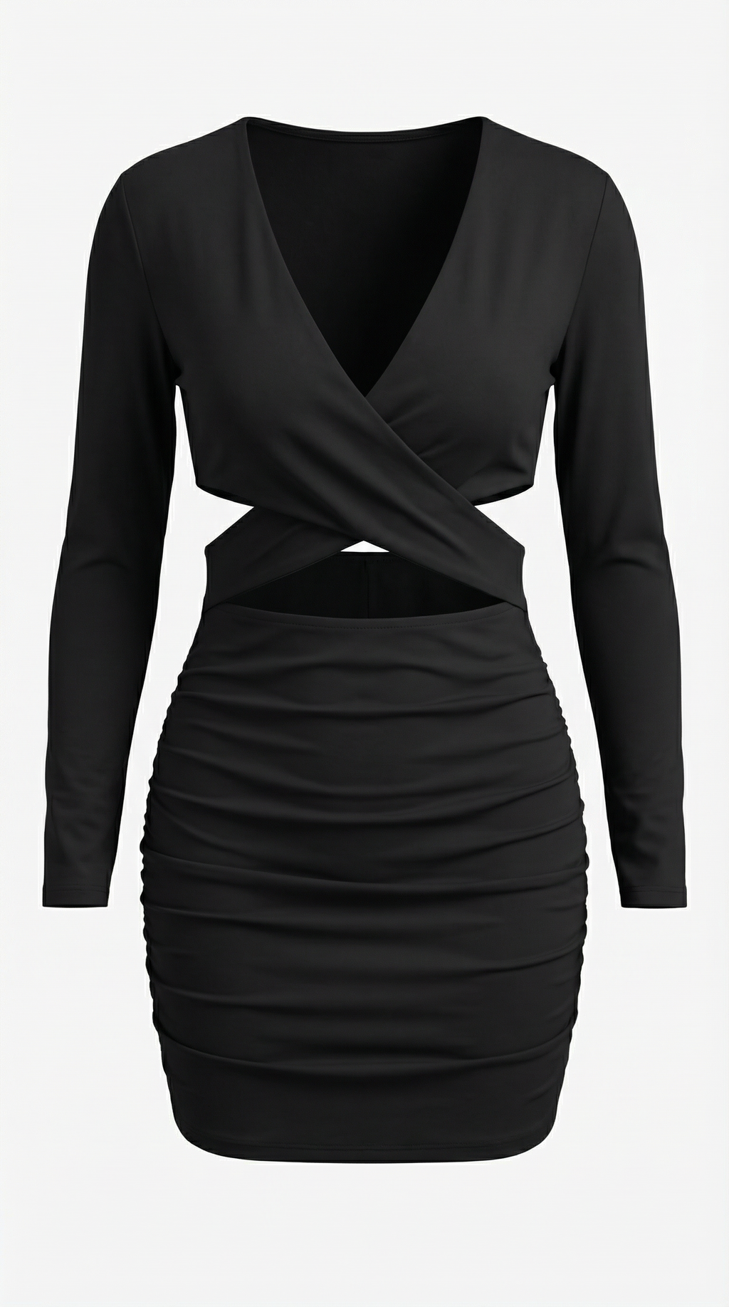 Çapraz Dekolteli Uzun Kollu Siyah Mini Elbise