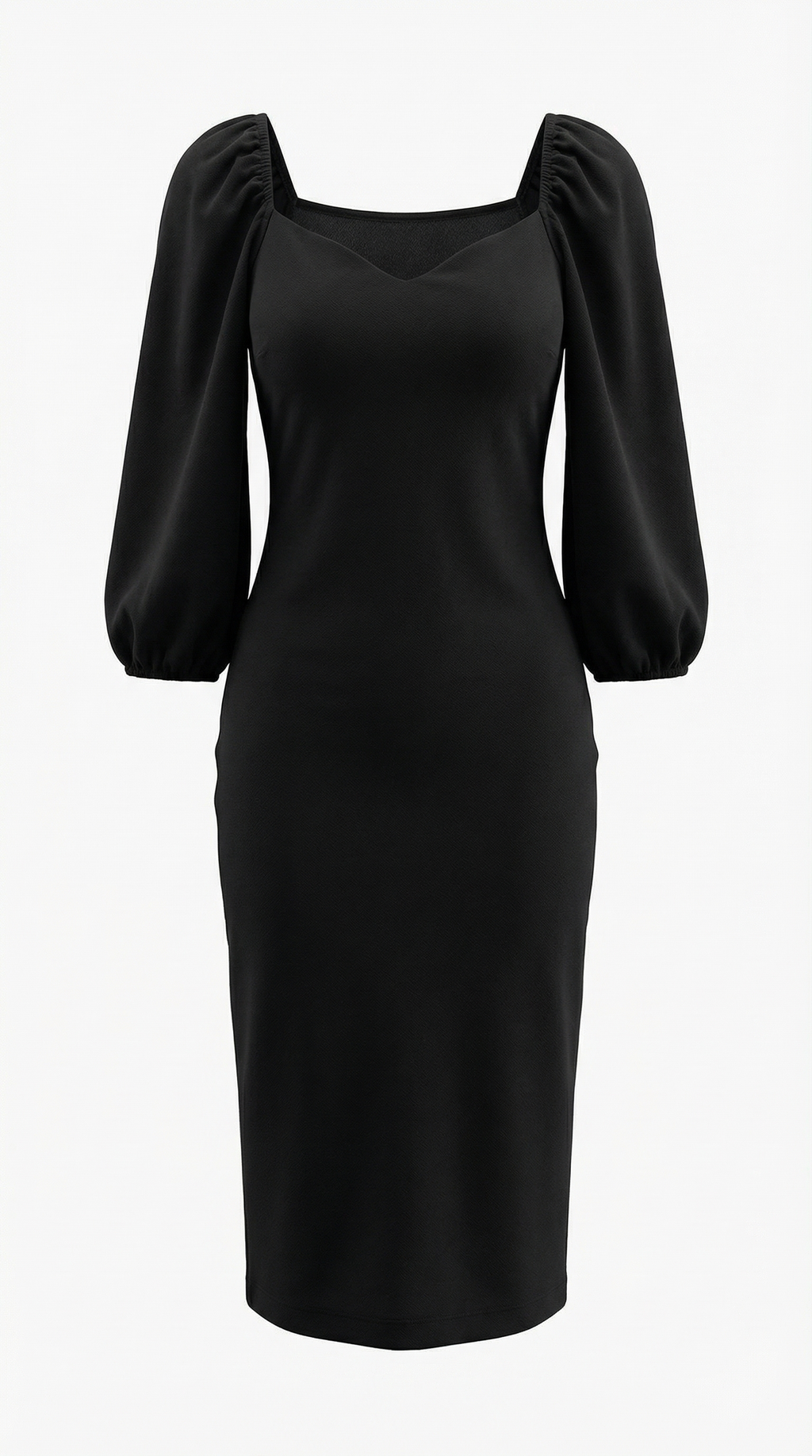 Kalp Yakalı Siyah Krep Midi Elbise