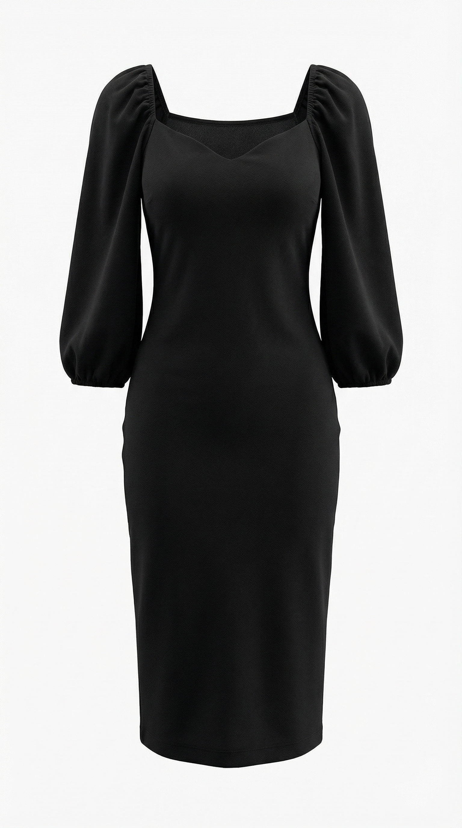 Kalp Yakalı Siyah Krep Midi Elbise