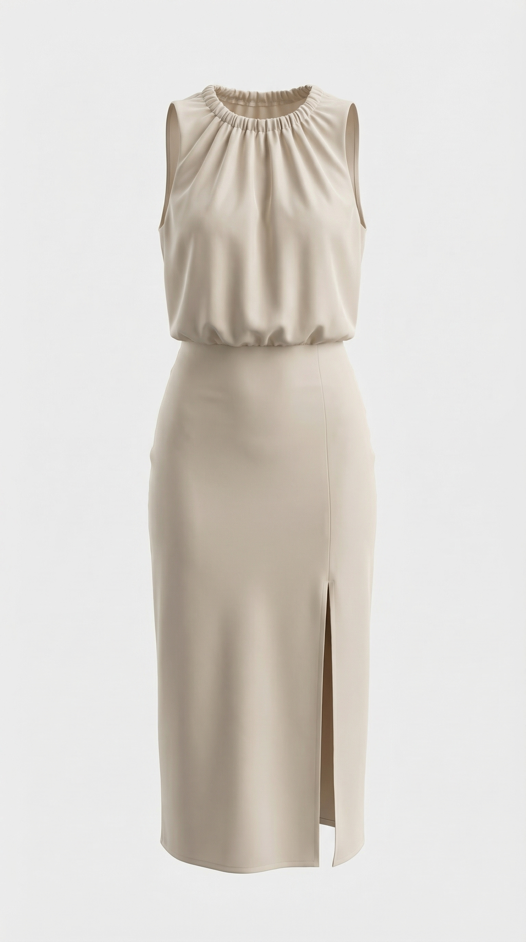 Bej Saten Yırtmaçlı Midi Elbise