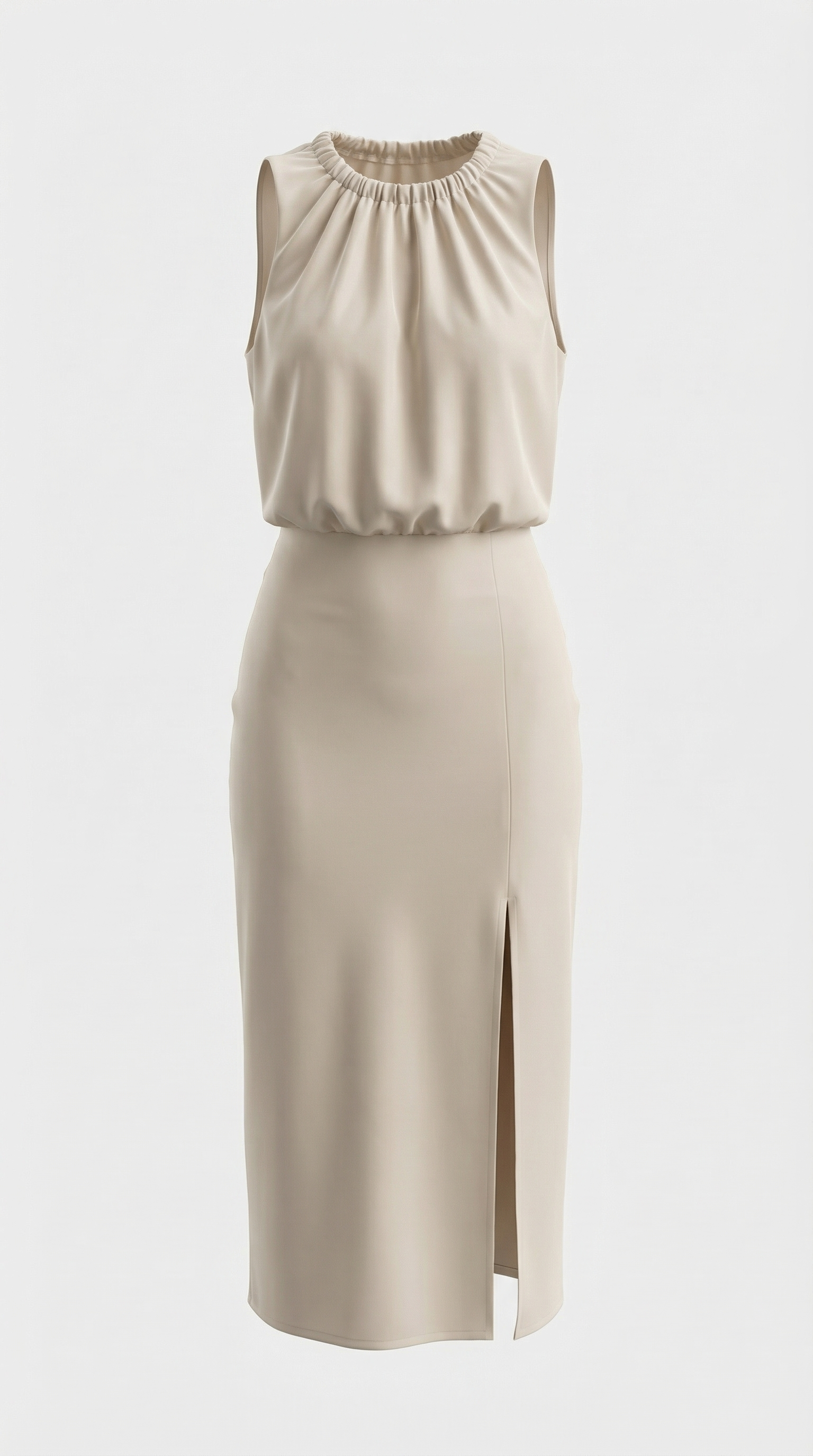 Bej Saten Yırtmaçlı Midi Elbise