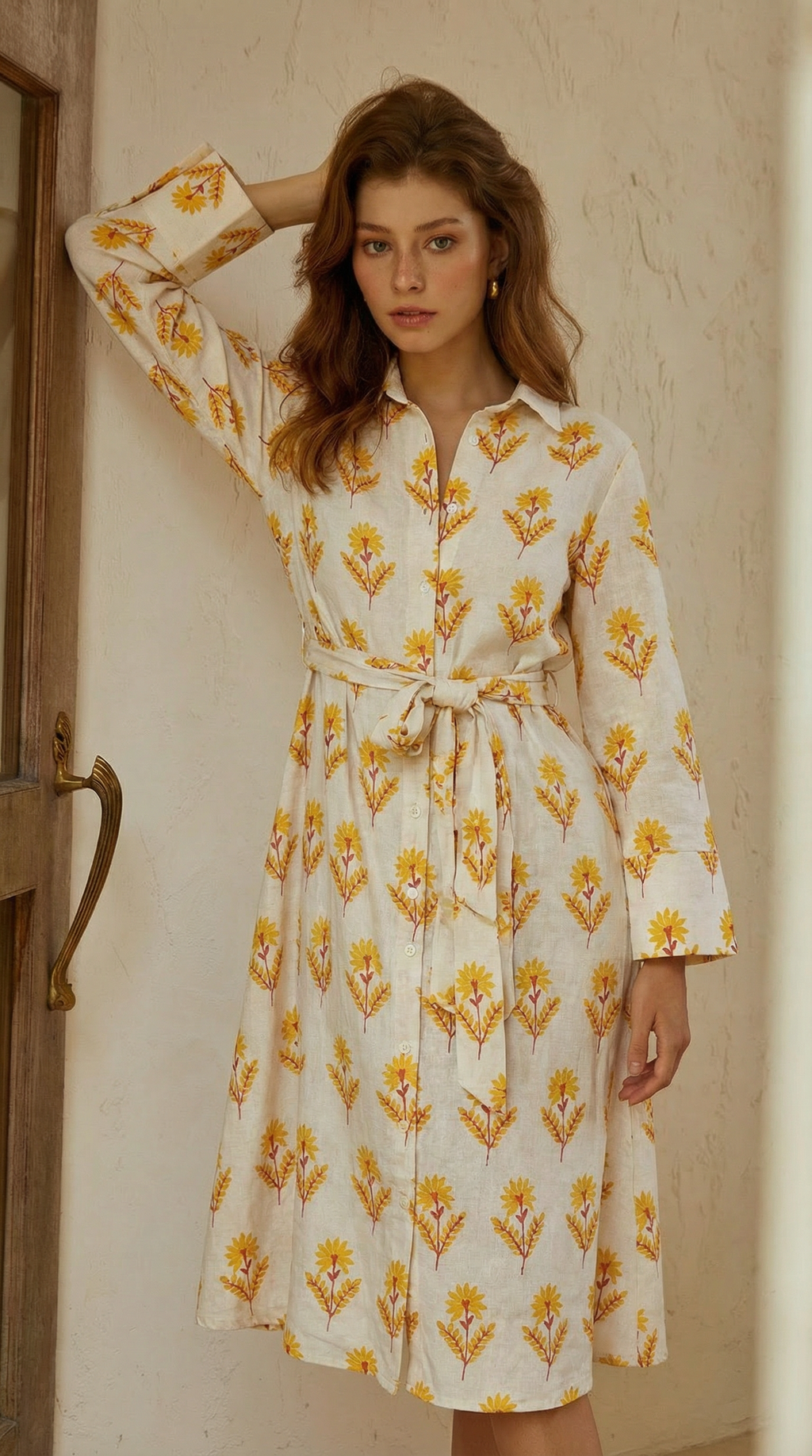 Sarı Floral Desenli Keten Gömlek Elbise