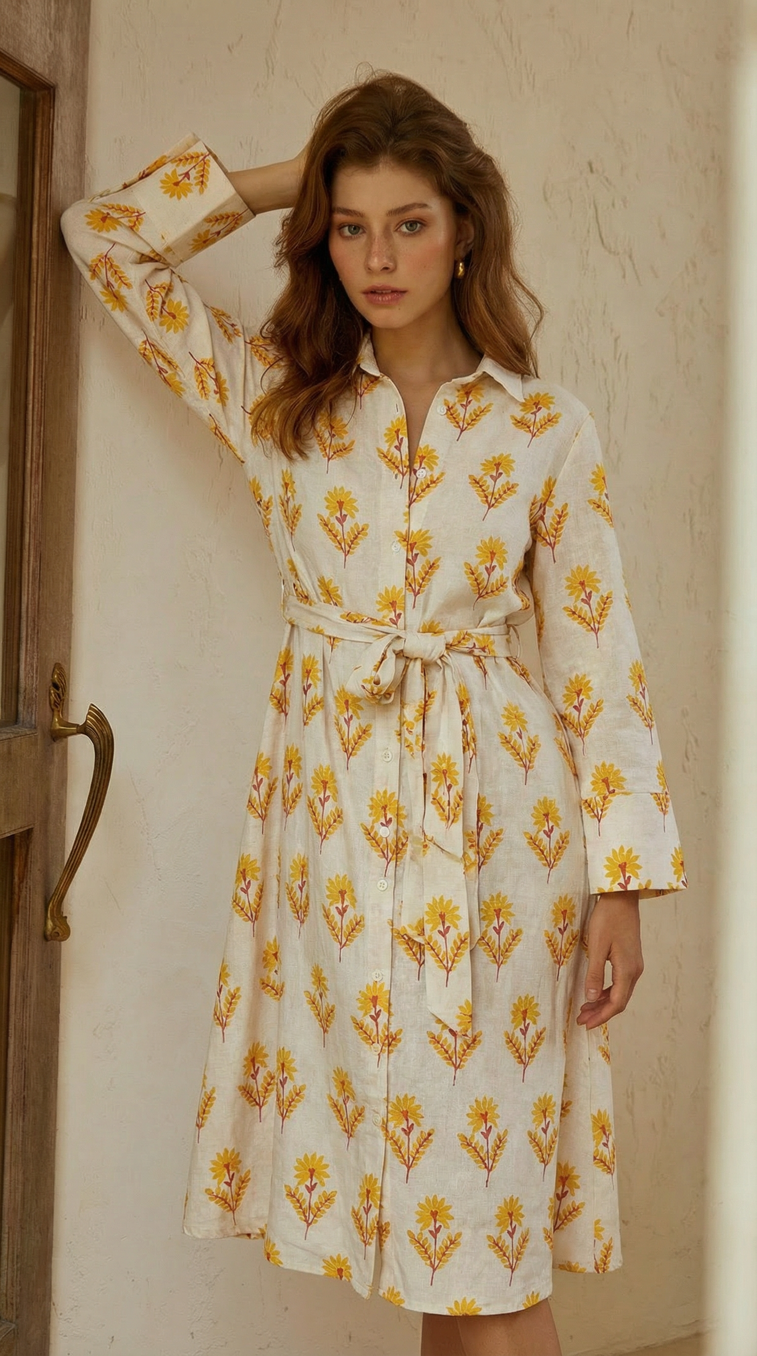 Sarı Floral Desenli Keten Gömlek Elbise