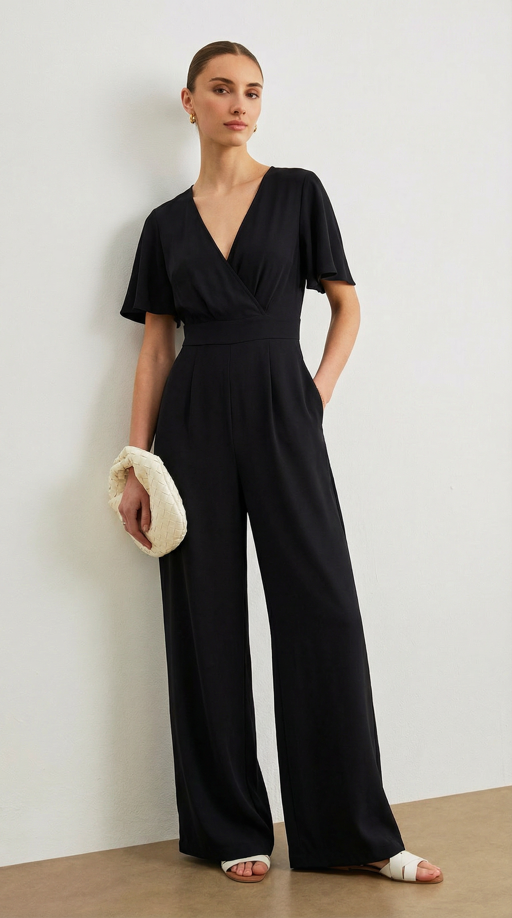 Sırt Dekolteli Kruvaze Yaka Siyah Tulum