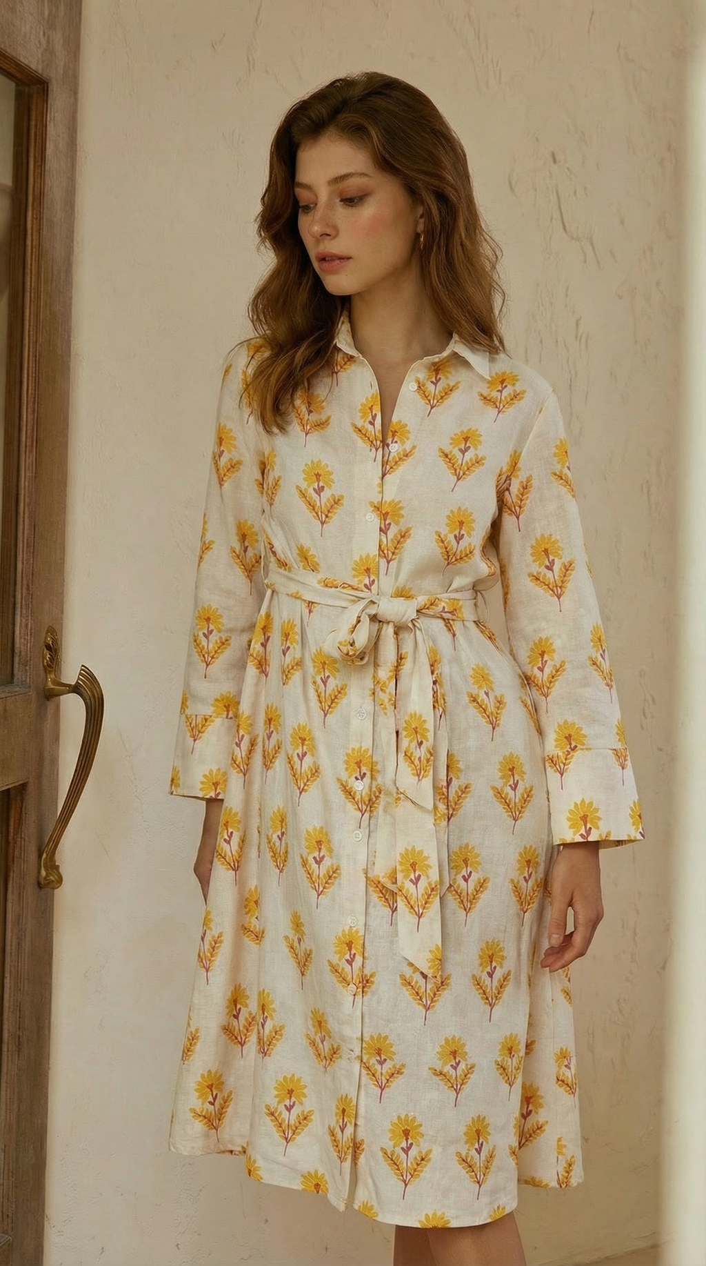 Sarı Floral Desenli Keten Gömlek Elbise