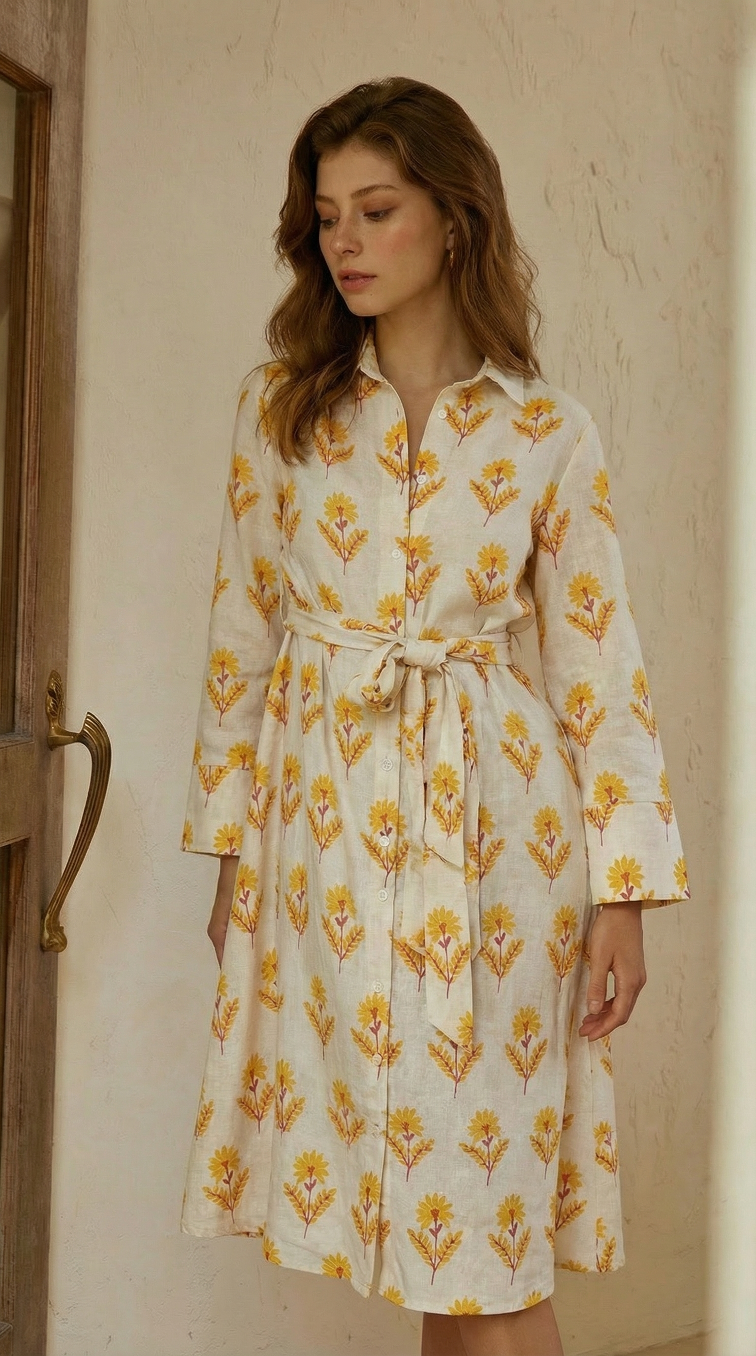 Sarı Floral Desenli Keten Gömlek Elbise