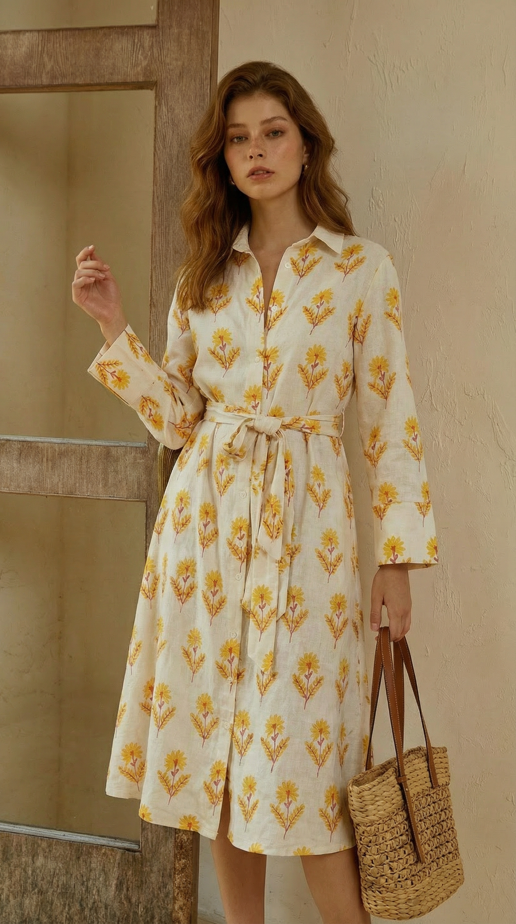 Sarı Floral Desenli Keten Gömlek Elbise