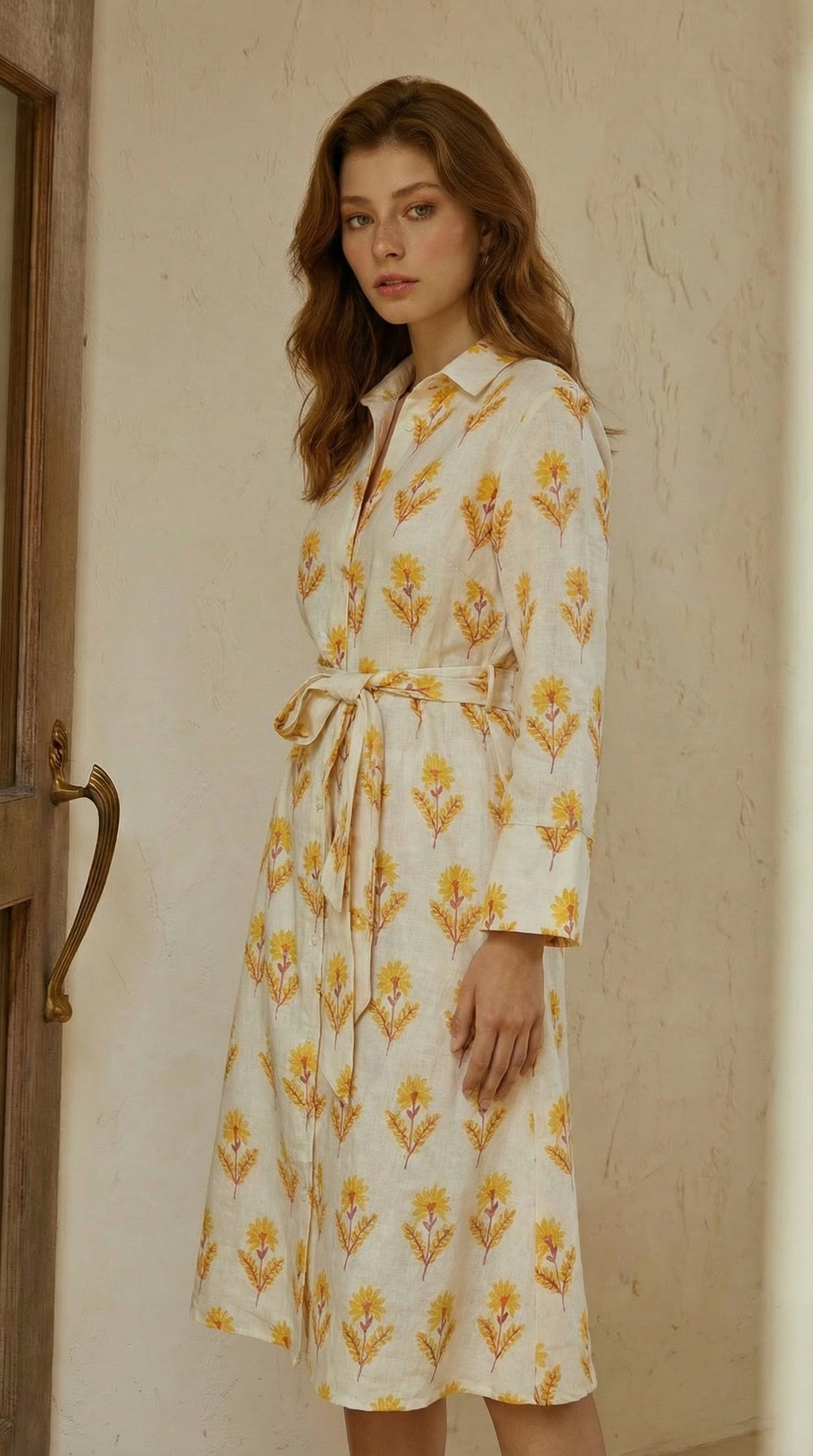 Sarı Floral Desenli Keten Gömlek Elbise