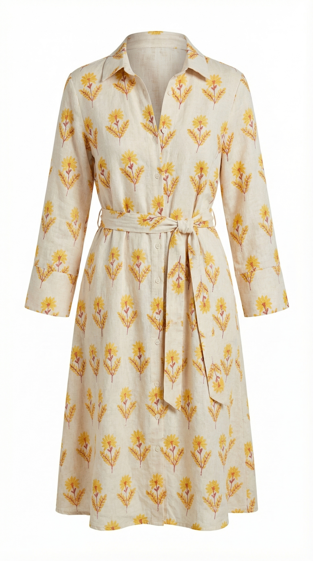 Sarı Floral Desenli Keten Gömlek Elbise