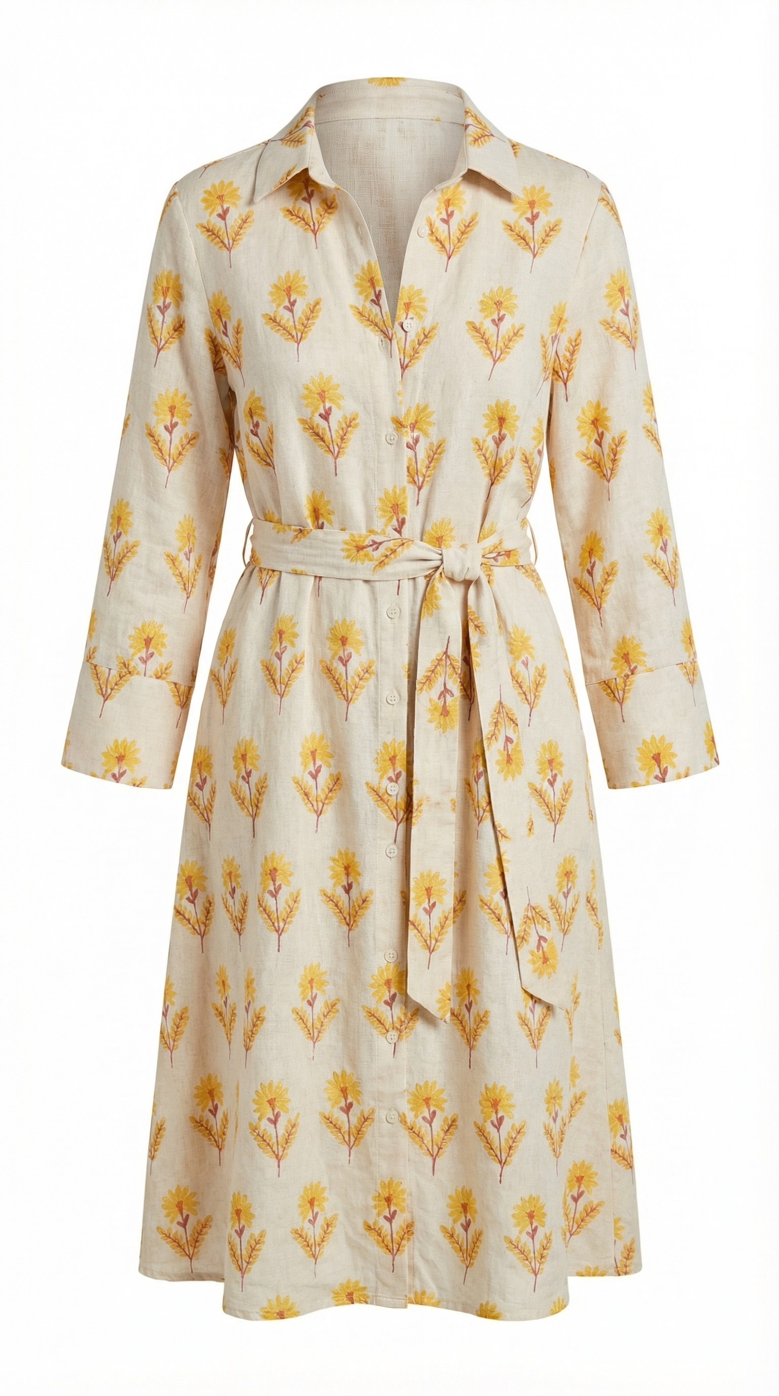 Sarı Floral Desenli Keten Gömlek Elbise