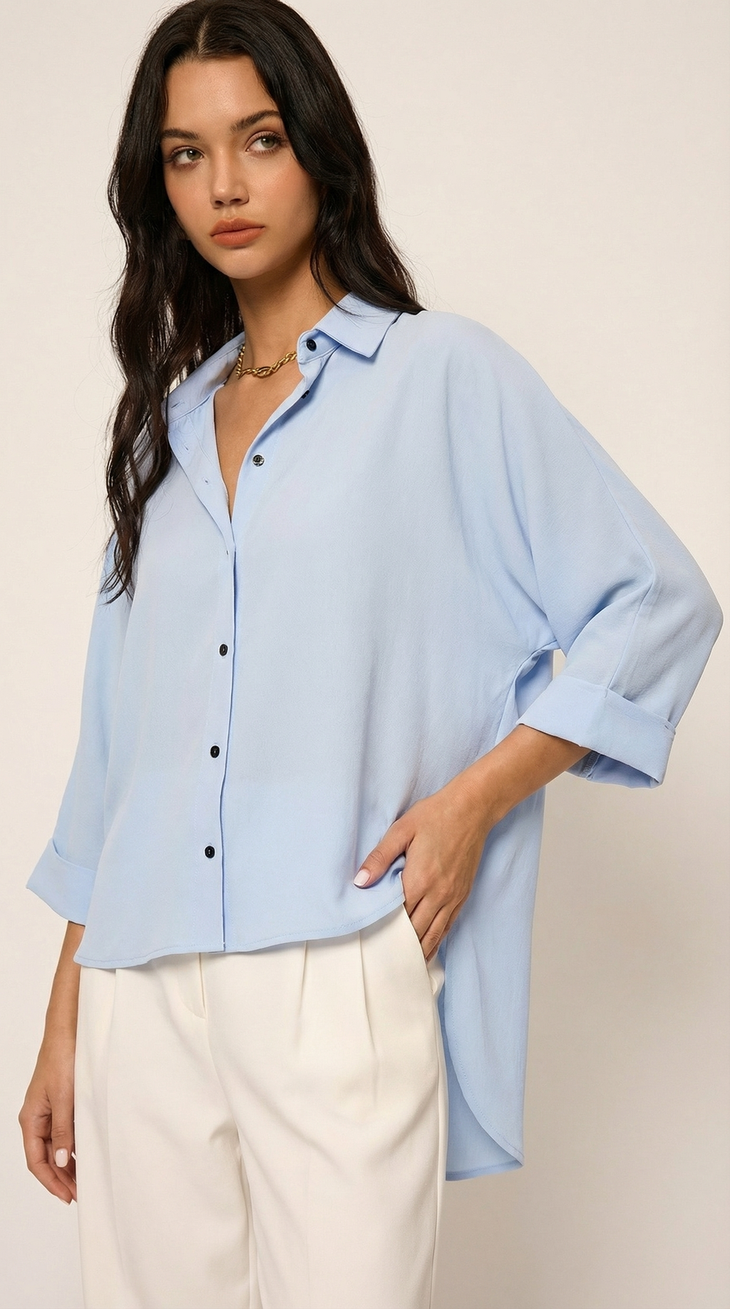 Kol Katlamalı Bebe Mavi Oversize Gömlek