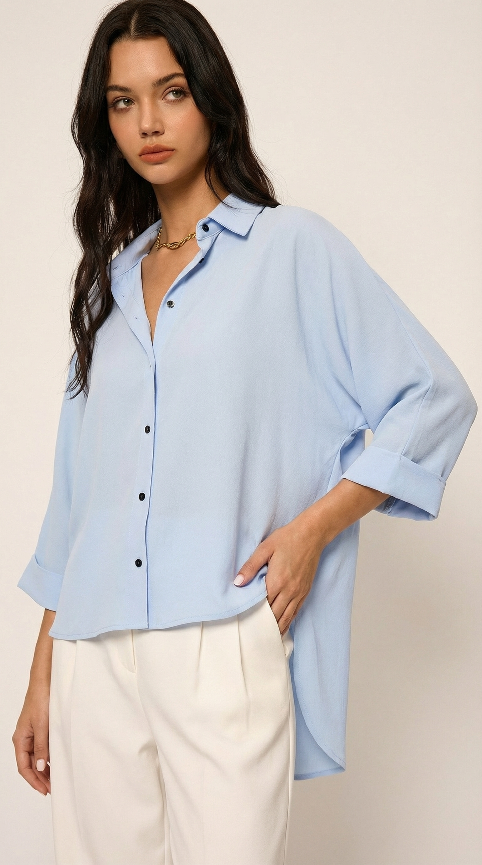 Kol Katlamalı Bebe Mavi Oversize Gömlek