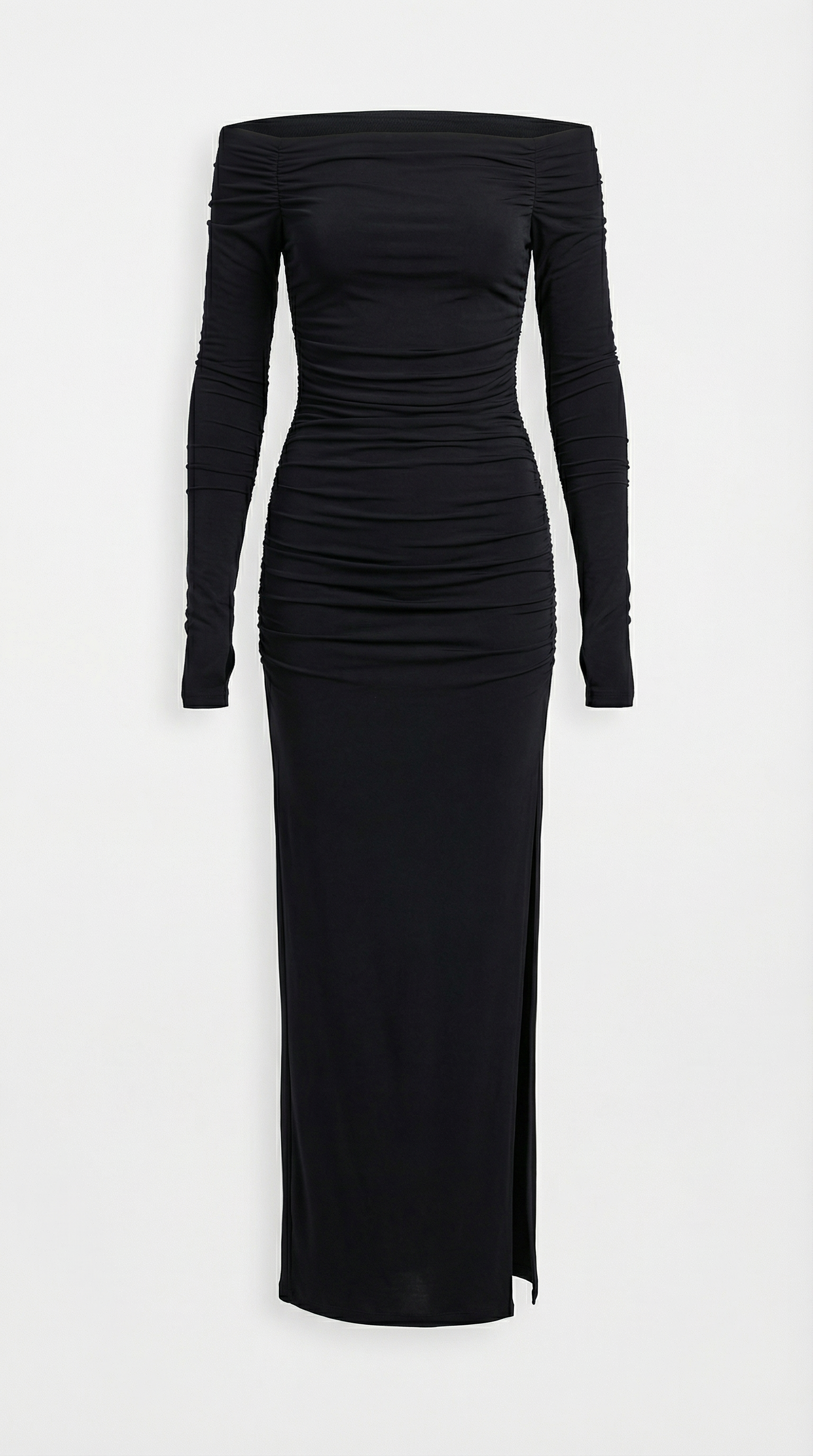 Drapeli Uzun Omzu Açık Elbise Siyah