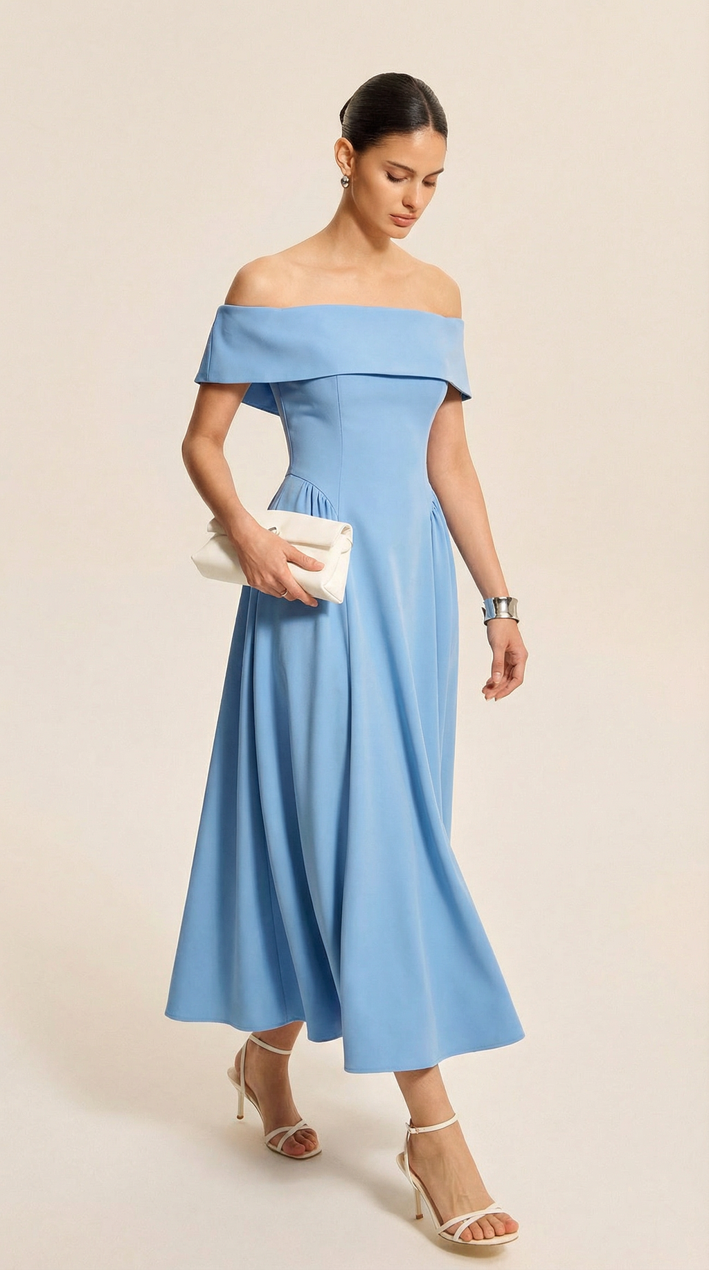 Açık Mavi Omzu Açık Midi Elbise