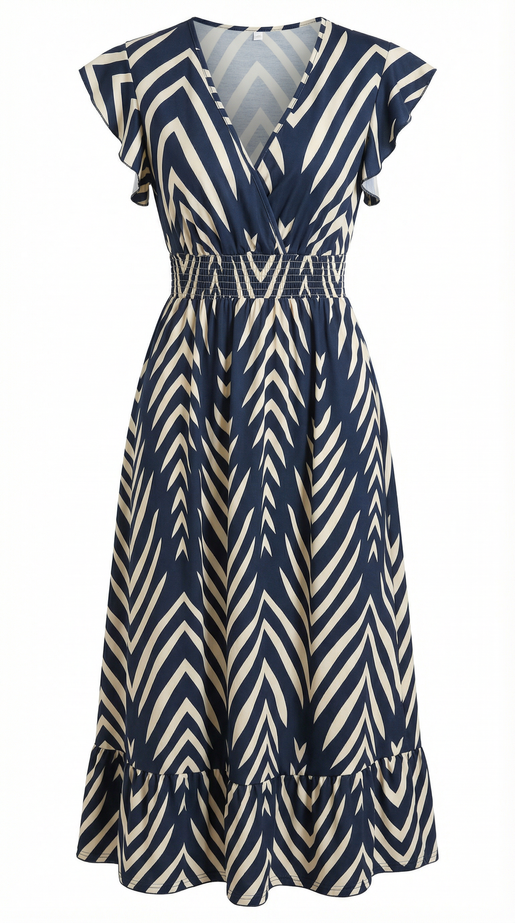 Lacivert Krem Desenli Kruvaze Midi Elbise