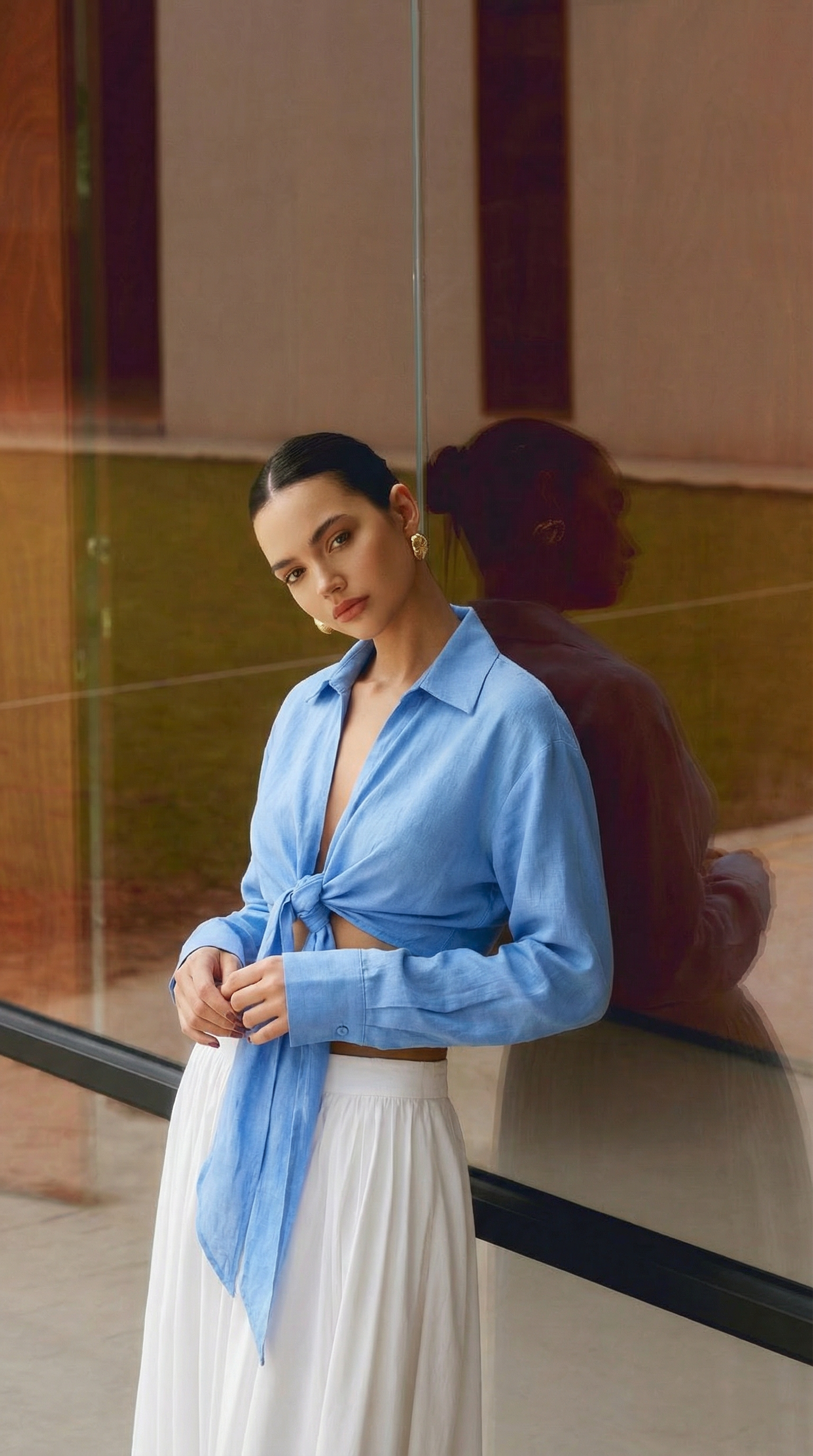 Bağlamalı Mavi Crop Gömlek