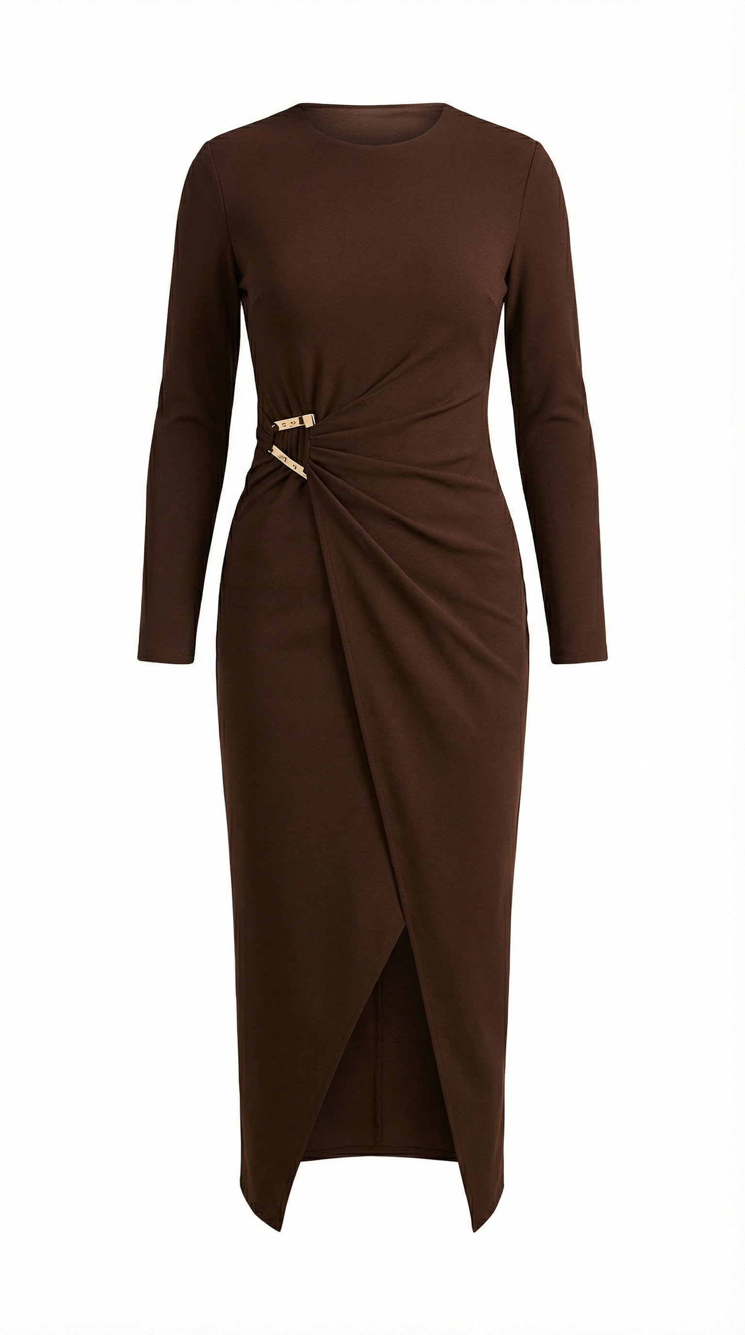 Çapraz Tokalı Yırtmaç Detaylı Kahverengi Elbise