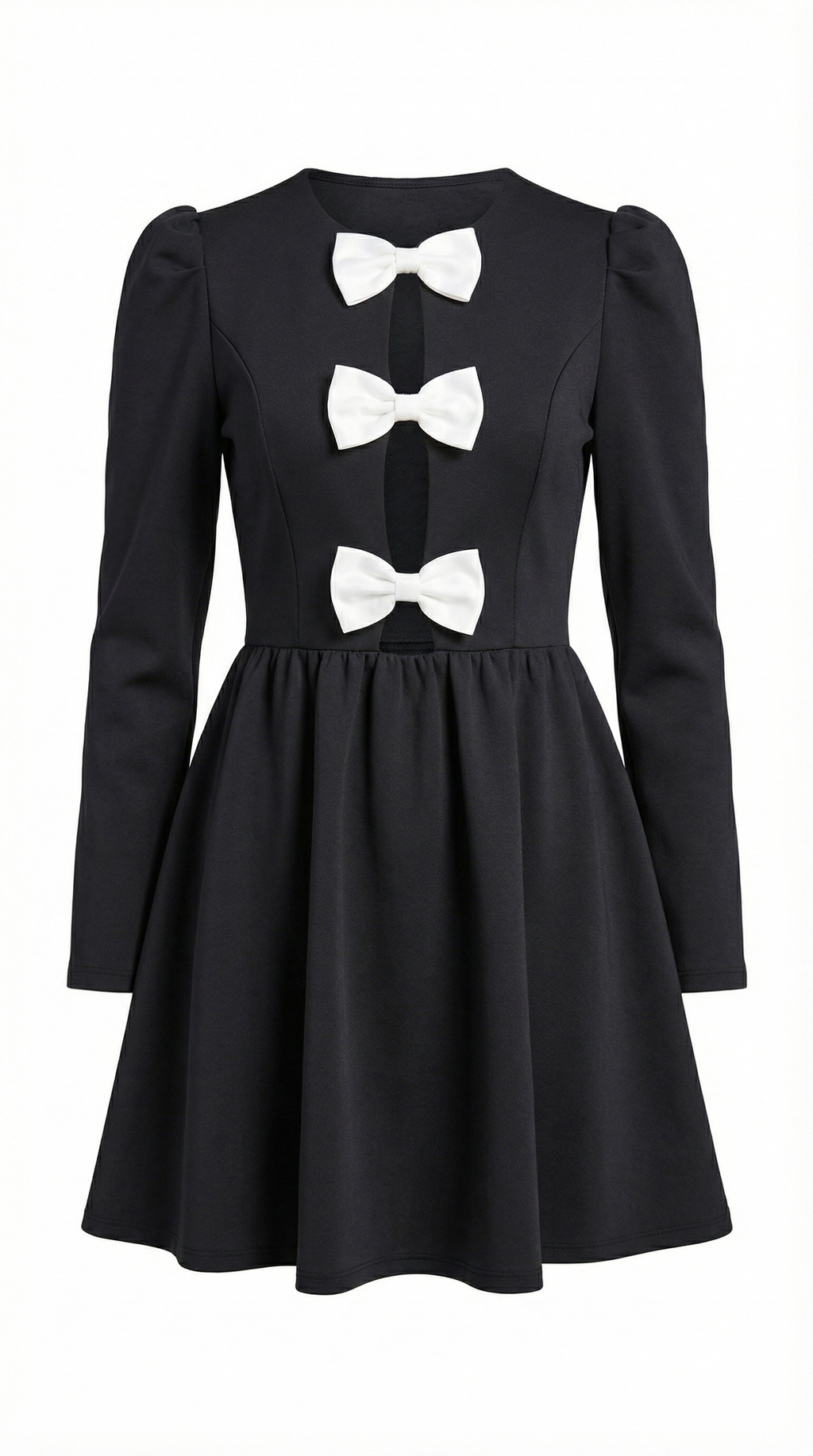 Fiyonk Detaylı Uzun Kollu Siyah Mini Elbise