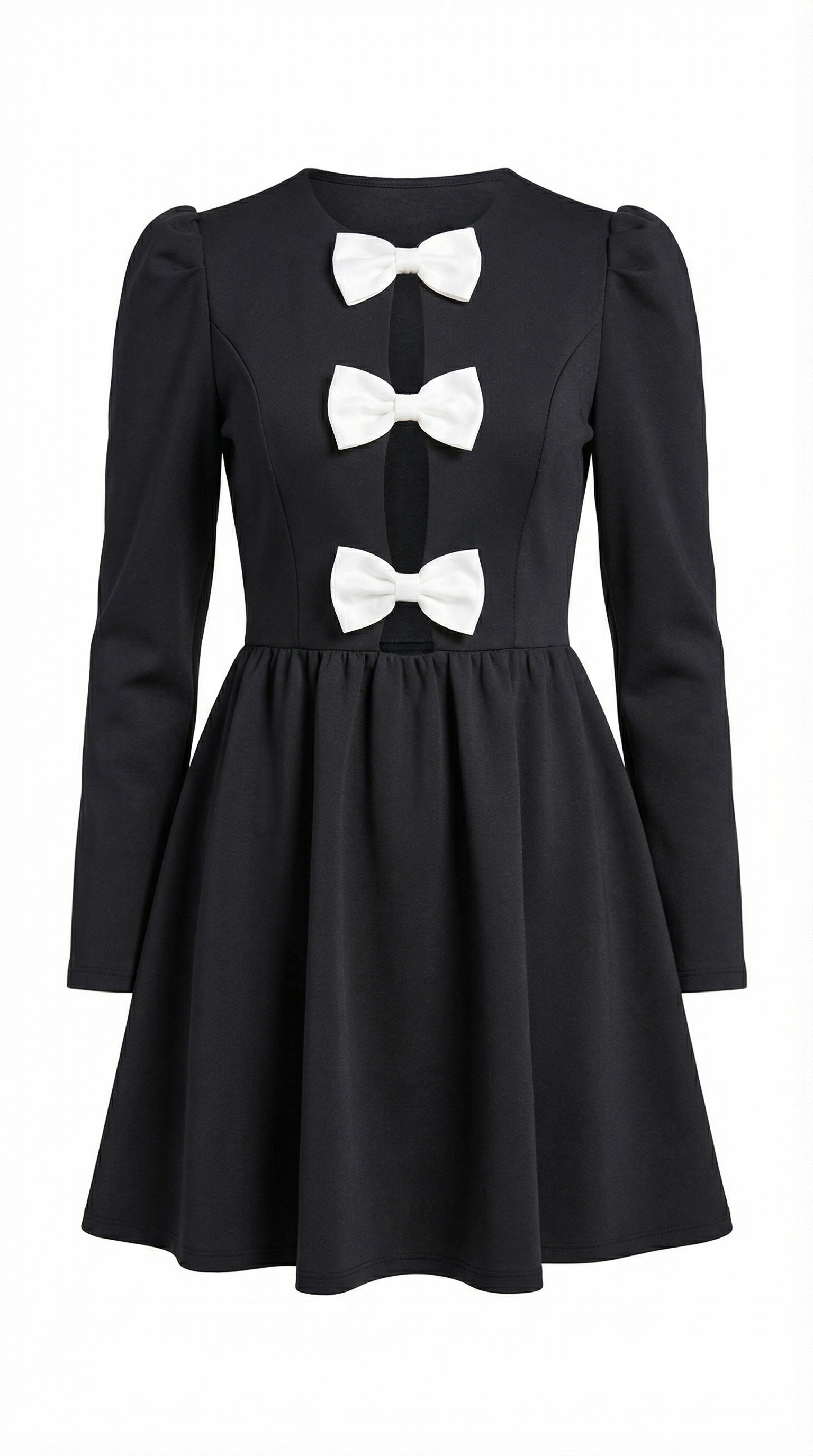 Fiyonk Detaylı Uzun Kollu Siyah Mini Elbise