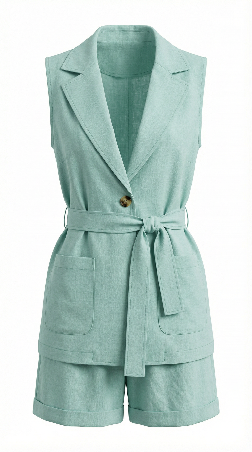 Mint Renk Kuşaklı Keten Şort Takım