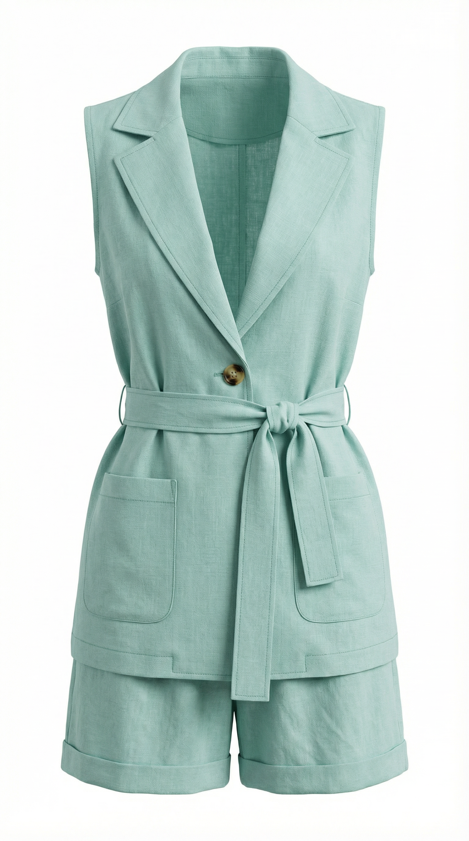 Mint Renk Kuşaklı Keten Şort Takım