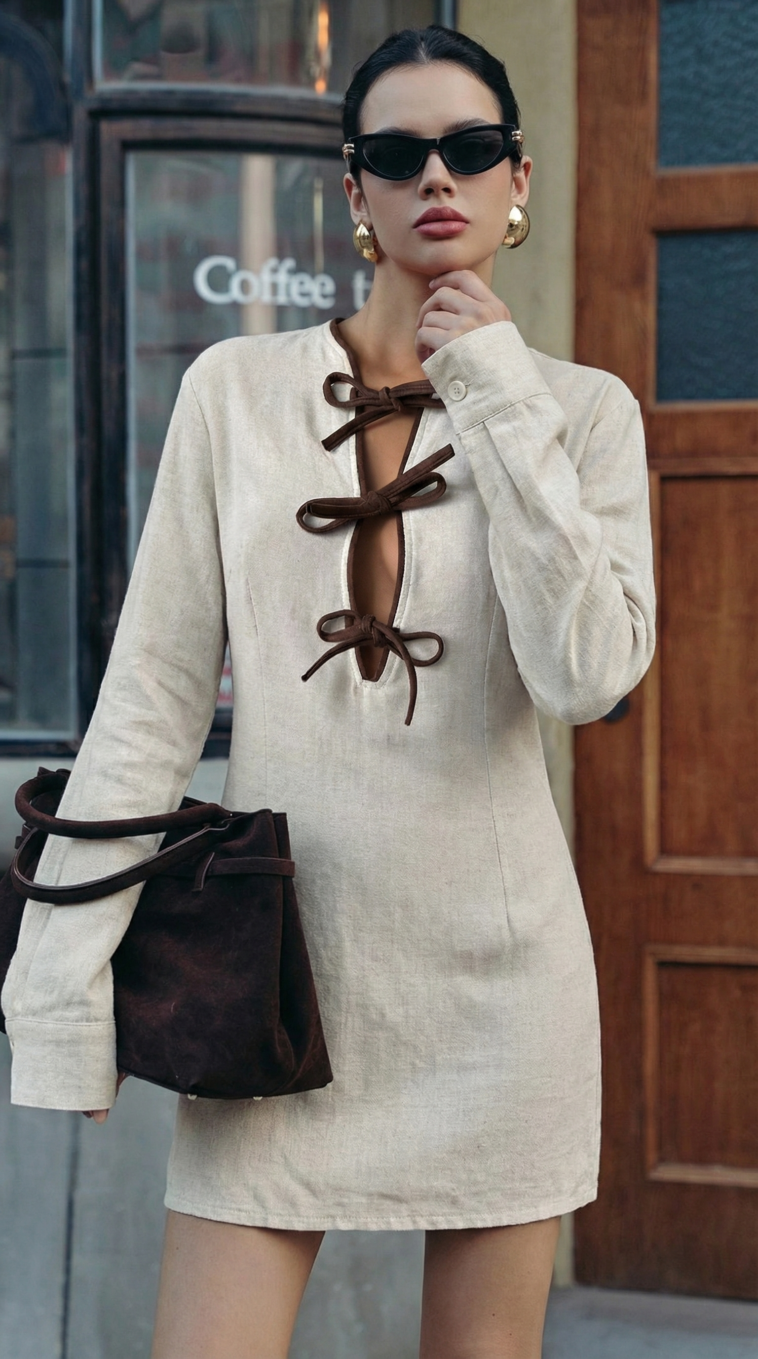 Bağlama Detaylı Keten Dokulu Kısa Elbise