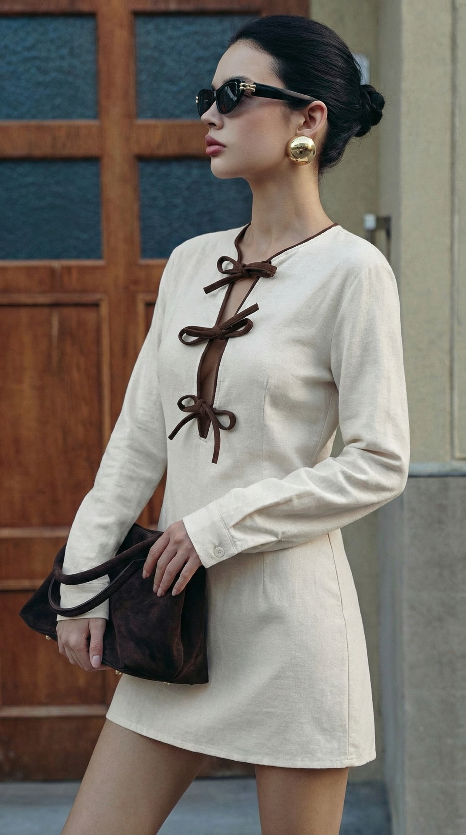 Bağlama Detaylı Keten Dokulu Kısa Elbise