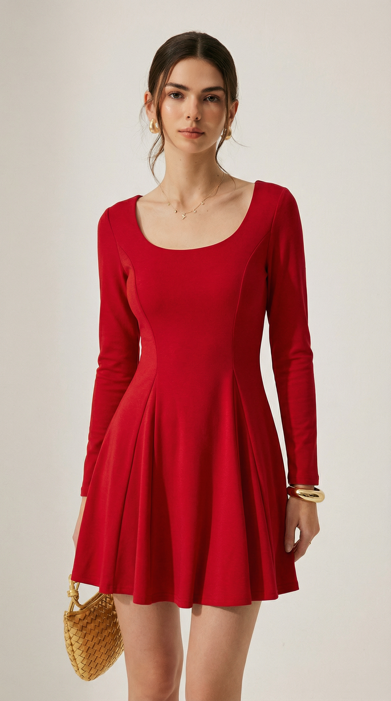 Kırmızı Uzun Kollu Kare Yaka Mini Elbise