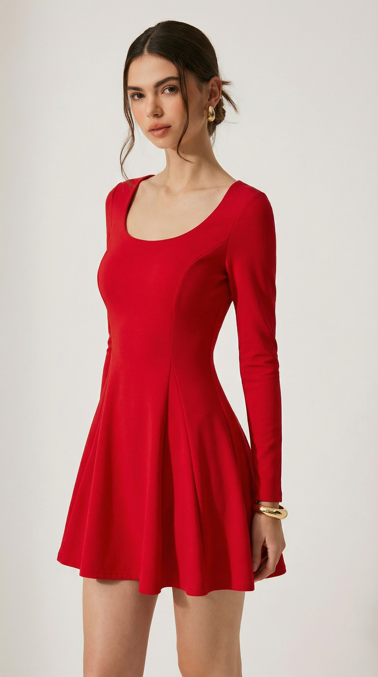 Kırmızı Uzun Kollu Kare Yaka Mini Elbise